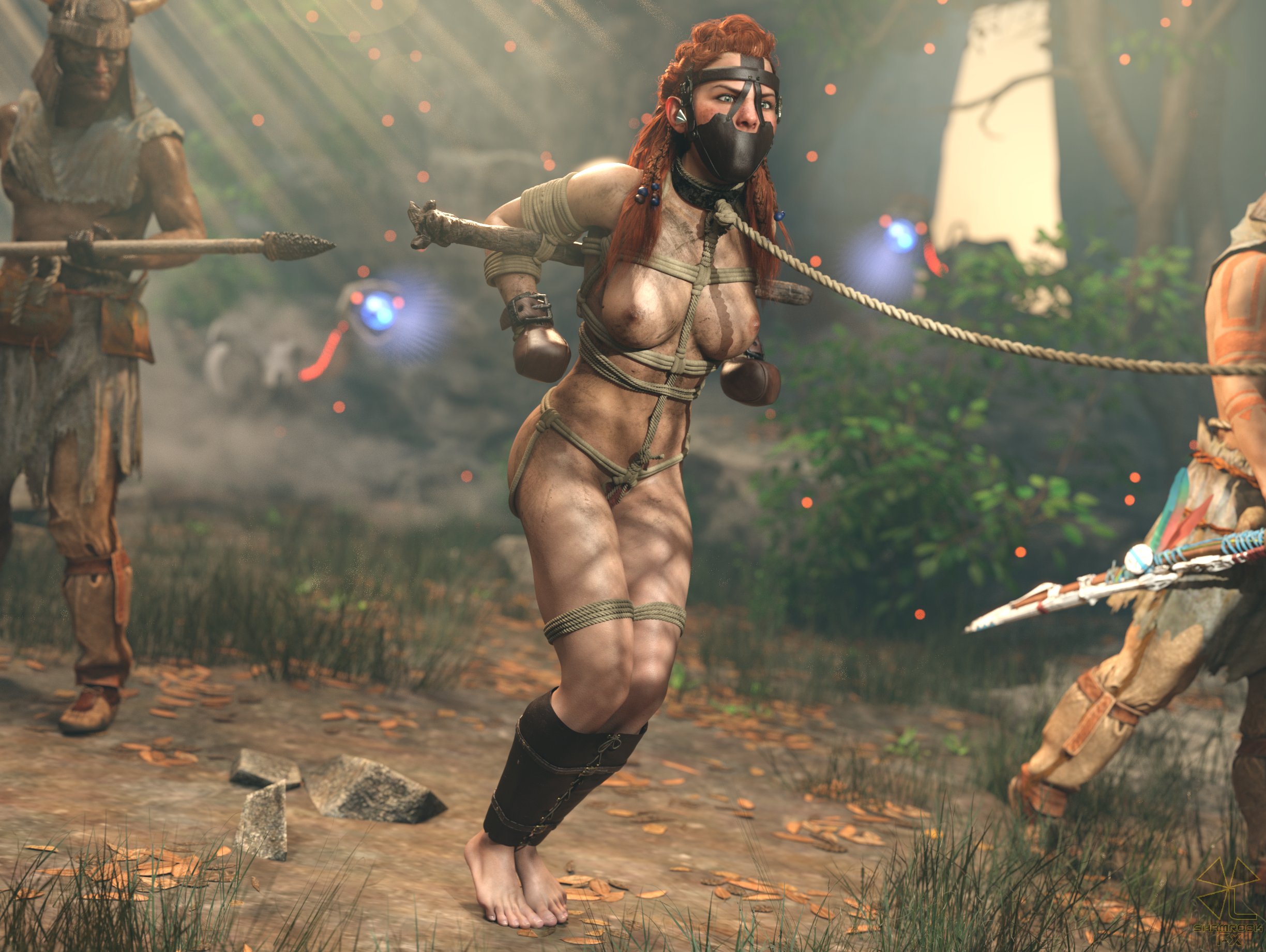 1girls, 2boys, 3d, aloy, bondage, breasts, captured, captured heroine, collar, female, female focus, femsub, forced nudity, horizon zero dawn, male, muzzle (object), nipples, red hair, rope, spm fx, tied up