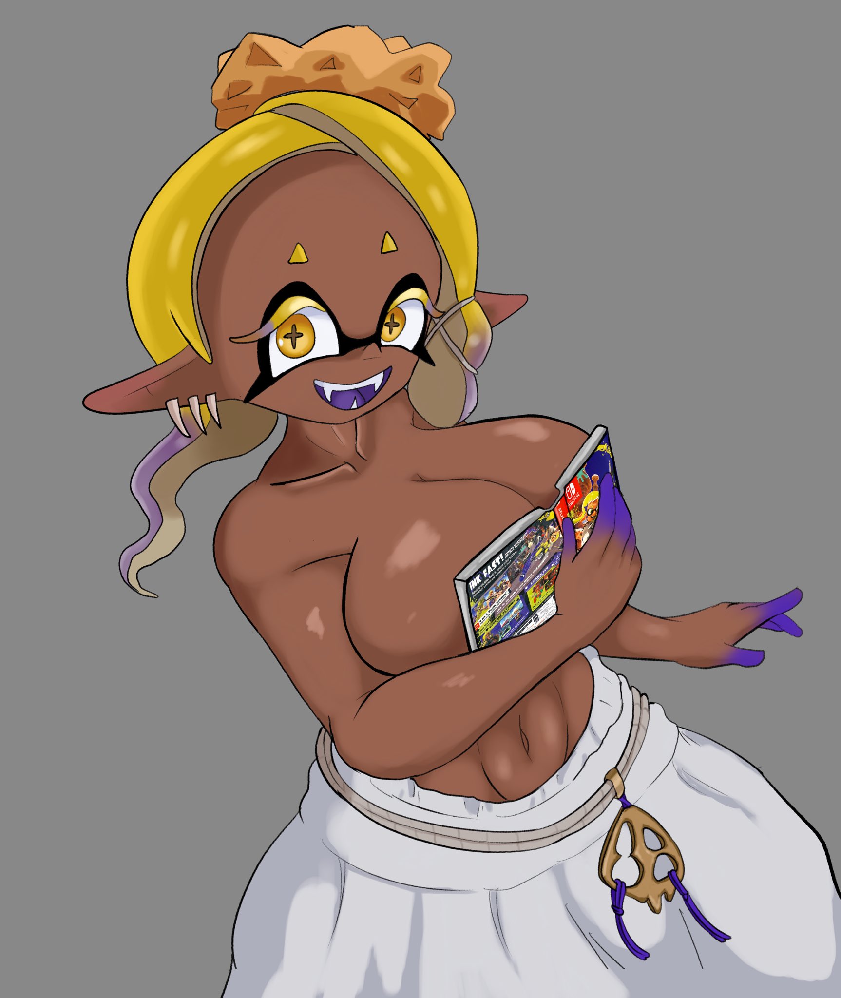 1girls, big breasts, breasts, cleavage, dark skin, dark-skinned female, deep cut (splatoon), digital drawing (artwork), digital media (artwork), female, frye (splatoon), frye onaga, game, game case, ghostlyshroom, grey background, inkling, looking at viewer, meme, navel, nintendo, open mouth, ouch meme, simple background, splatoon, splatoon (series), splatoon 3, yellow hair