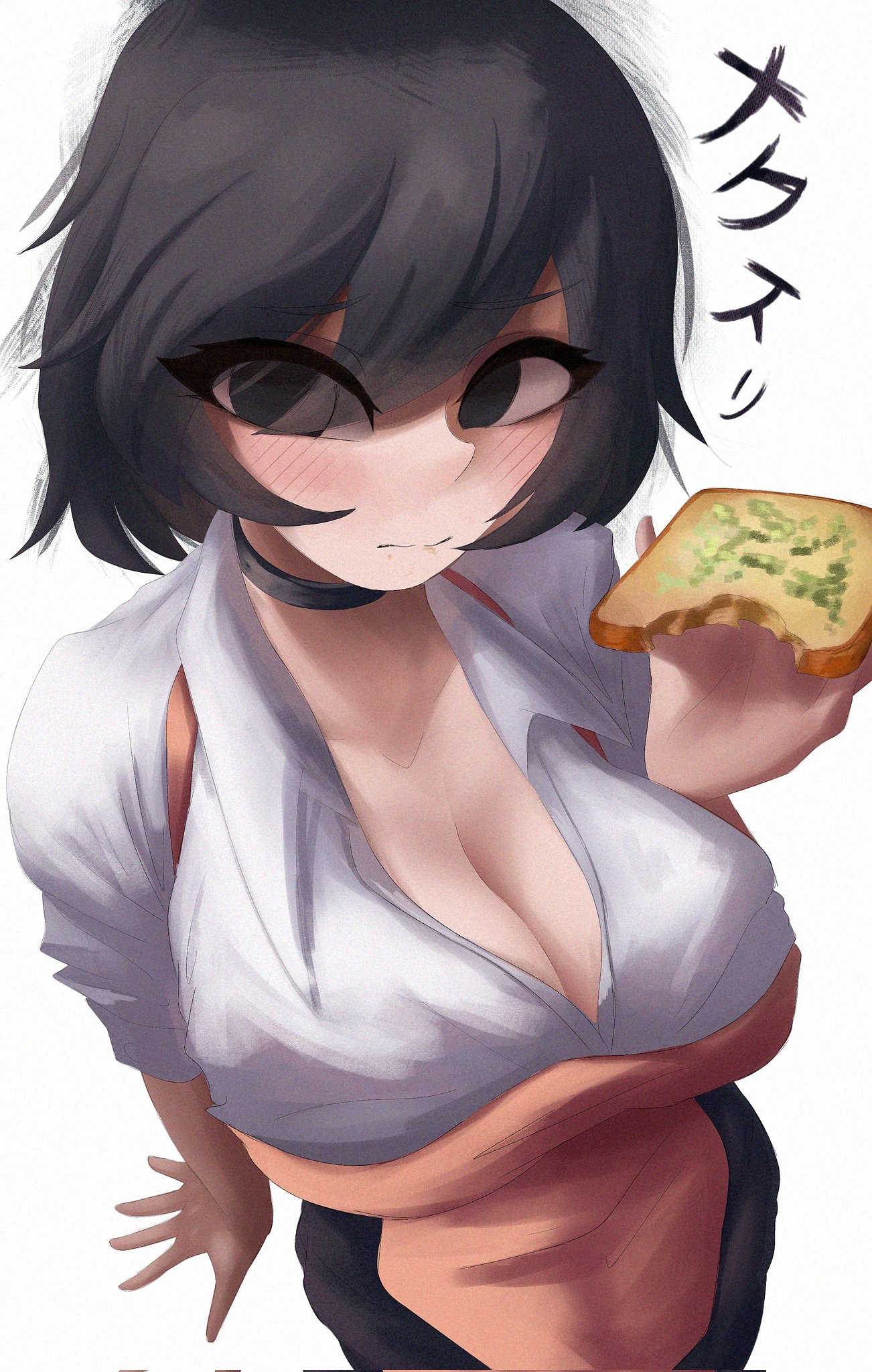1girls, ava (gazoogaloo), black eyes, black hair, blush, breasts, cleavage, female, food, large breasts, mii, naxless, nintendo, oc, short hair, simple background, solo, solo female, solo focus, white background