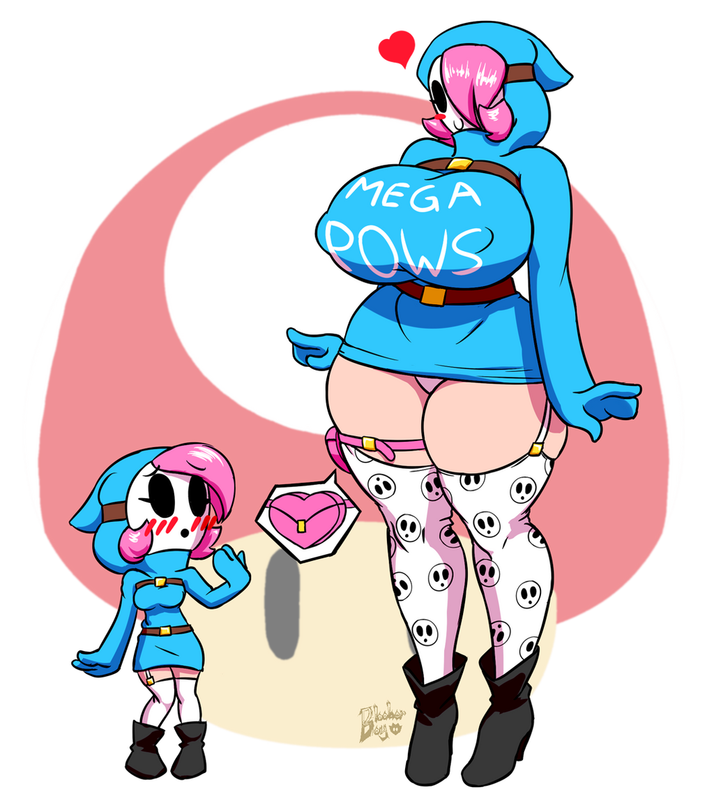 2girls ass_expansion blooberboy blue_hoodie female growth high_tights huge_ass huge_breasts mario_(series) mask pink_hair shy_gal size_difference super_mario_bros. weight_gain wide_hips