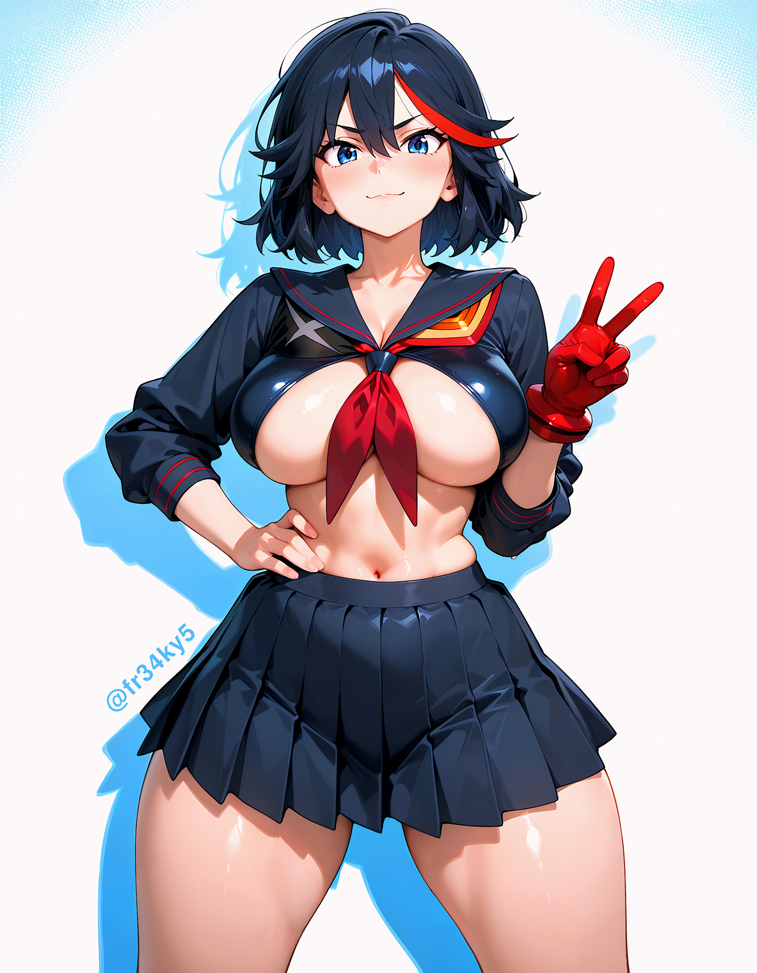 ai generated, blue eyes, breasts, cleavage, female, fr34ky, huge breasts, kill la kill, matoi ryuuko, school uniform, short hair, thick thighs, underboob