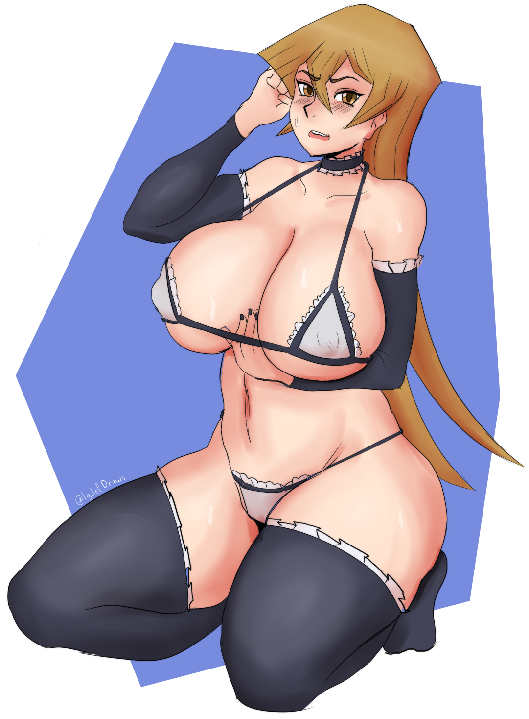 alexis rhodes, bikini, blush, breasts, choker, female, frills, huge breasts, igdel, maid bikini, pinup, thick thighs, wide hips, yu-gi-oh!, yu-gi-oh! gx