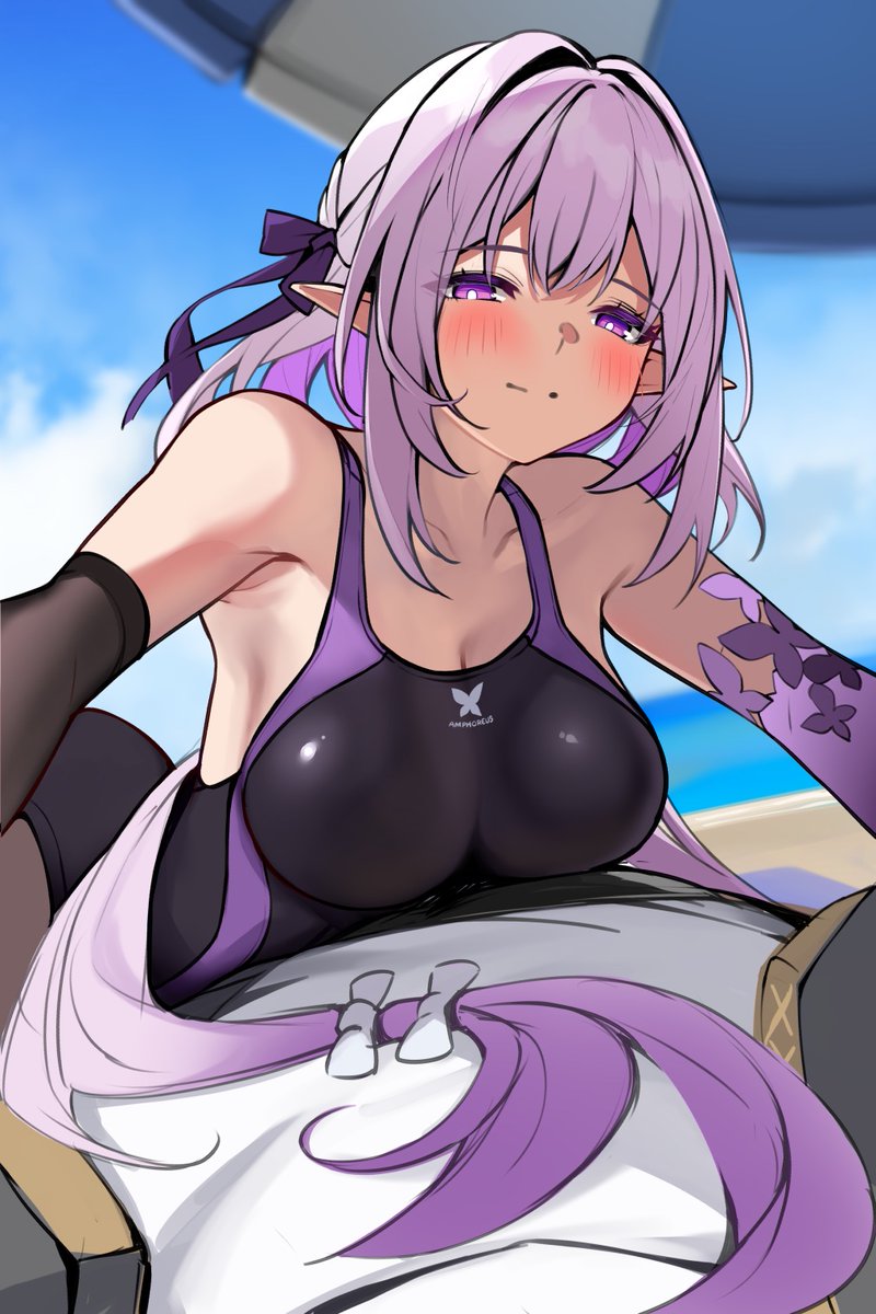 1girls, big breasts, breasts, castorice (honkai: star rail), female, honkai: star rail, long hair, matrix16, purple eyes, purple hair, smile, swimsuit, tagme, trailblazer (honkai: star rail)