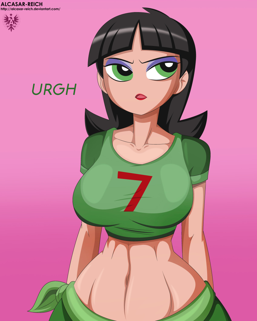 1girls, aged up, alcasar-reich, big breasts, black hair, breasts, buttercup (powerpuff girls), cartoon network, eyeshadow, female, green eyes, hourglass figure, lipstick, makeup, not porn, powerpuff girls, teenager, tomboy, toonami