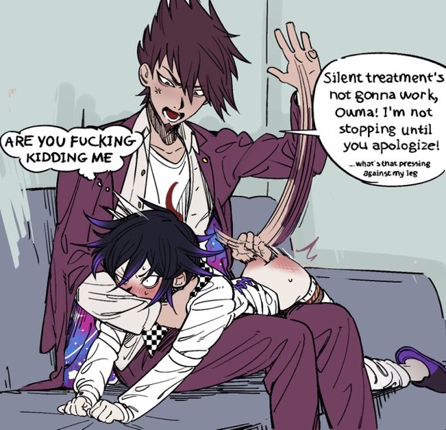 angry, angry expression, angry face, blush, bossu, clothed, comic, danganronpa, danganronpa v3, dialogue, drfav, duo, gay, male, male focus, male only, male/male, miri (bossu osu), momota kaito, ouma kokichi, pants down, red ass, spank marks, spanking, spanking ass, yaoi