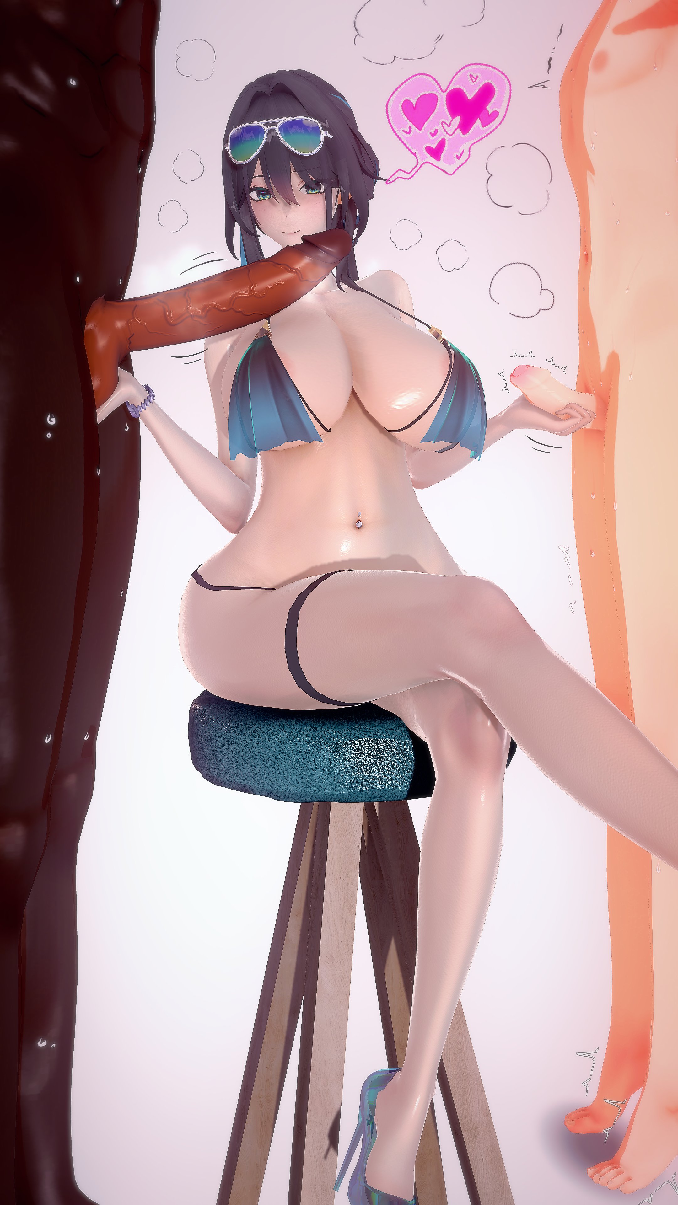 1girls, 2boys, 3d, belly button, big penis, big penis adoration, bikini, black hair, blush, breasts, cuckold, dark skin, dark-skinned male, female, green eyes, honkai (series), honkai: star rail, hoyoverse, huge breasts, huge cock, interracial, koikatsu, legs crossed, light skin, light-skinned female, light-skinned male, looking at penis, male, mihoyo, mmf threesome, nogsaeg (h45604229), on tiptoe, penis, penis awe, penis size difference, ruan mei (honkai: star rail), small penis, small penis humiliation, spoken hearts, sunglasses, sunglasses on head, swimsuit, threesome, tiptoes