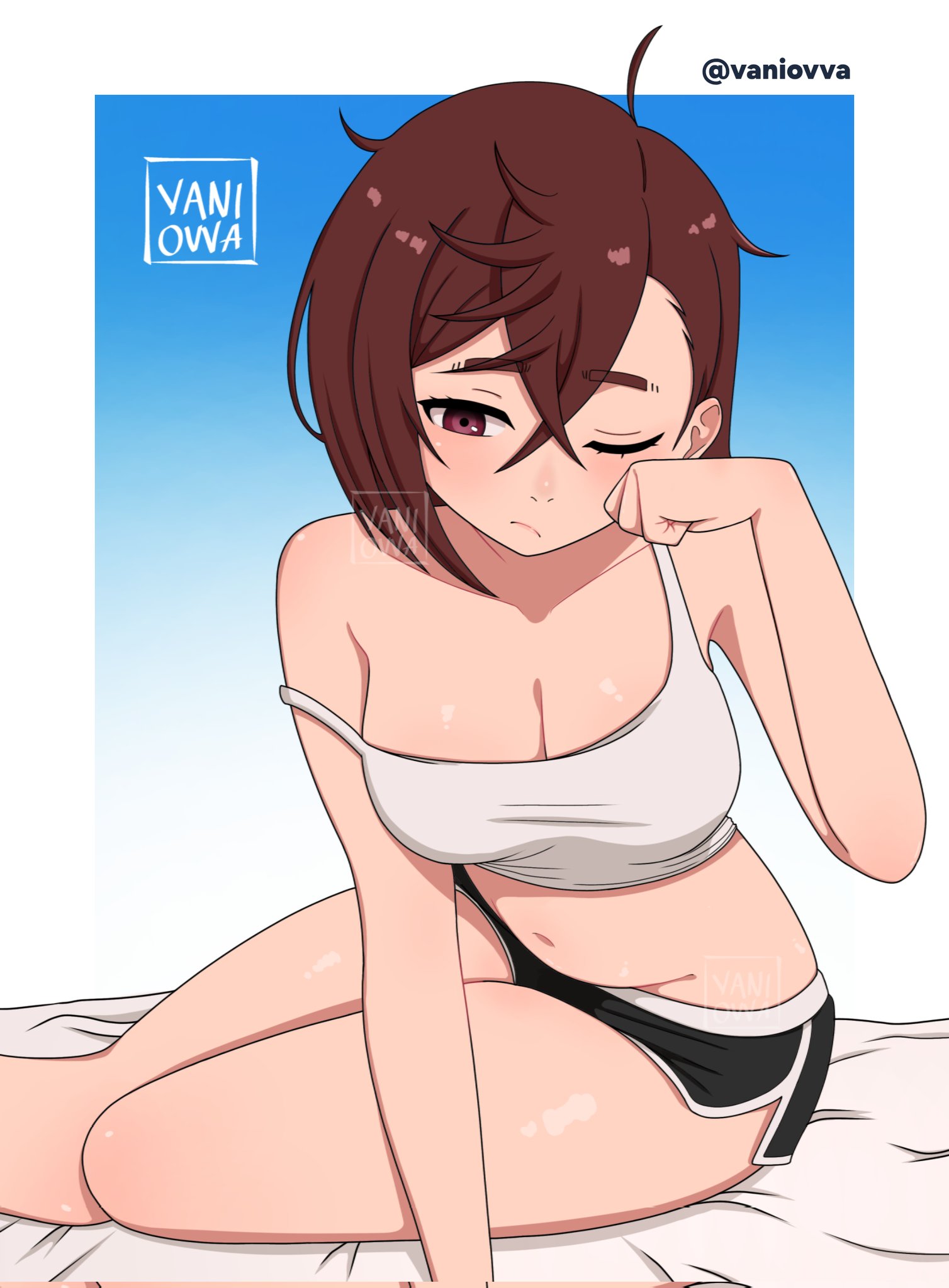 1girls, ayase momo, big breasts, big thighs, big titties, breasts, brown eyes, brown hair, brown-haired female, clothing, curvaceous, dandadan, dolphin shorts, faithful to the anime, female, female focus, female only, looking at viewer, morning, rubber, short hair, shorts, thigh highs, vaniovva