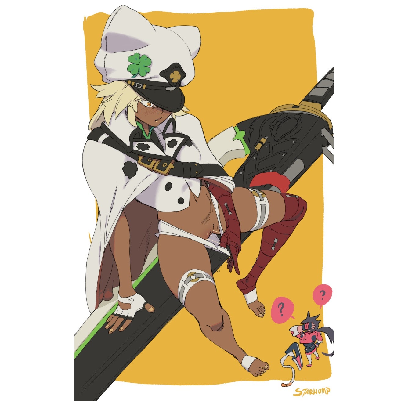 bottomless, feet, female, guilty gear, light hair, question mark, ramlethal valentine, shocked, simple background, sol badguy, starhump, sword, tagme, tanned, wet