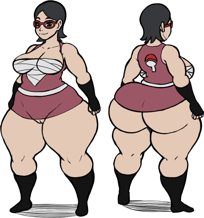 1:1, aged up, ass, big ass, boruto: naruto next generations, bottom heavy, demonroyal, favorite, female, front and back, glasses, huge ass, naruto, naruto (series), no panties, sarada uchiha, solo female, thick thighs, white background