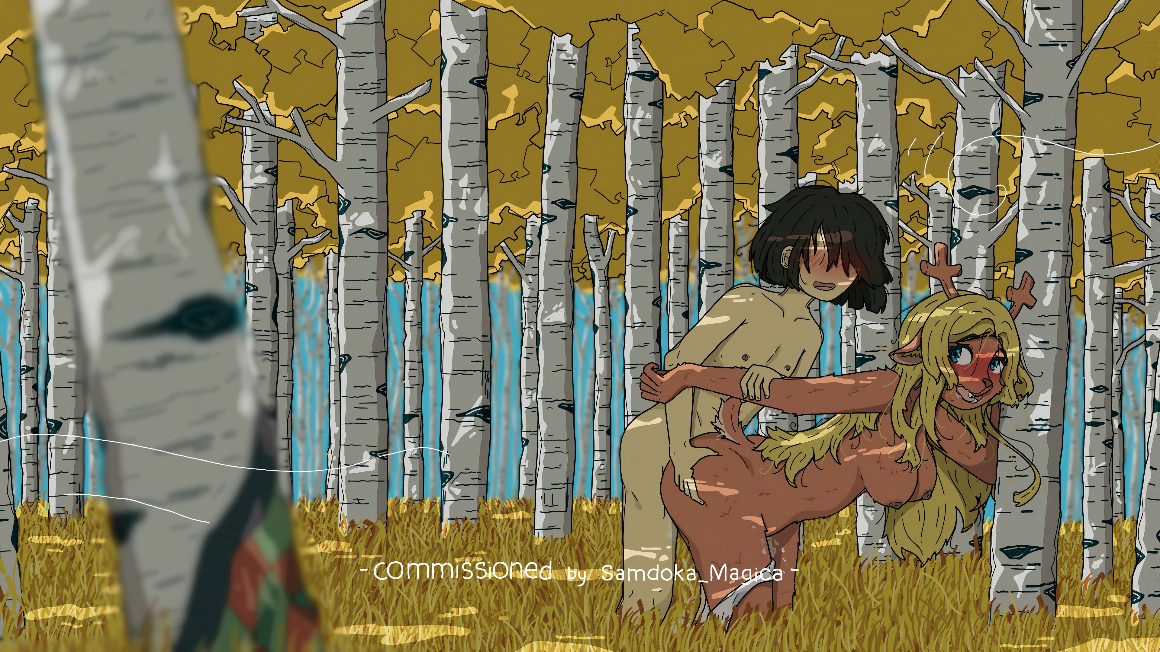 1girls, ambiguous gender, anthro, ass, bigger female, bigger sub, birch tree, blonde hair, breasts, brown body, brown fur, commission, completely nude, deltarune, digital drawing (artwork), digital media (artwork), doggy style, dominant, dominant male, duo, female, forest, forest sex, human, human on anthro, kris (deltarune), kris male (deltarune), male, male penetrating female, noelle holiday, nude, parisetya, sex, tagme, tree