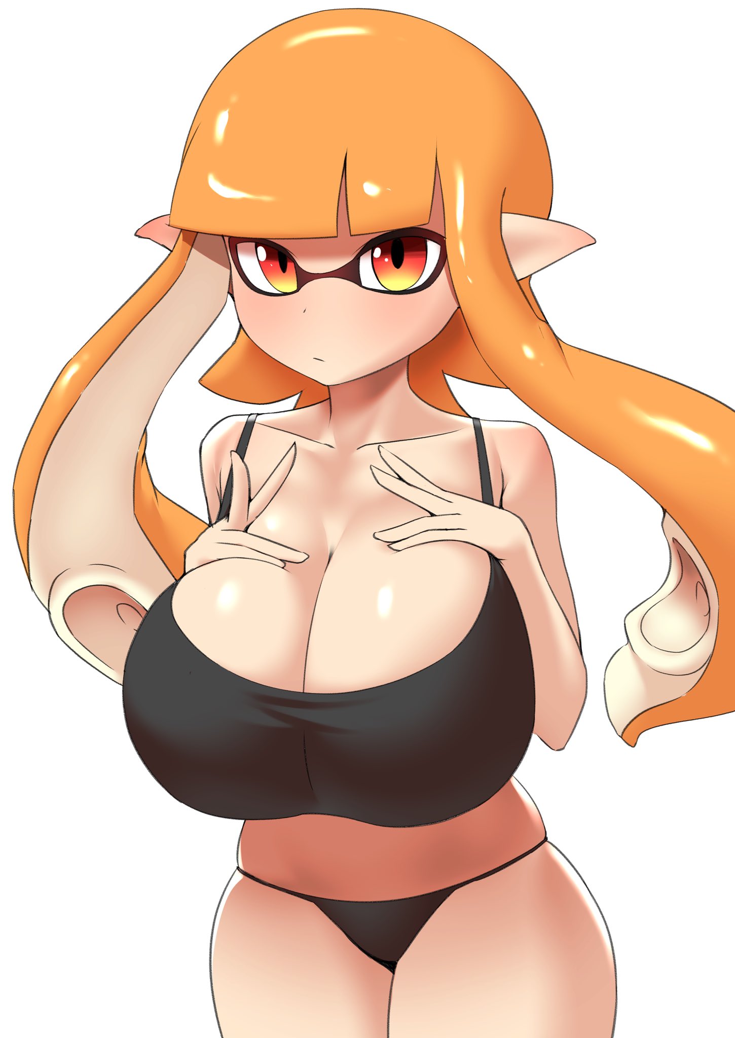 big breasts, black bra, breasts, female, inkling, inkling girl, kaori (splatoon), looking at viewer, nintendo, nobunagapero, orange eyes, orange hair, peronattu, splatoon, splatoon (series), tentacle hair, white background