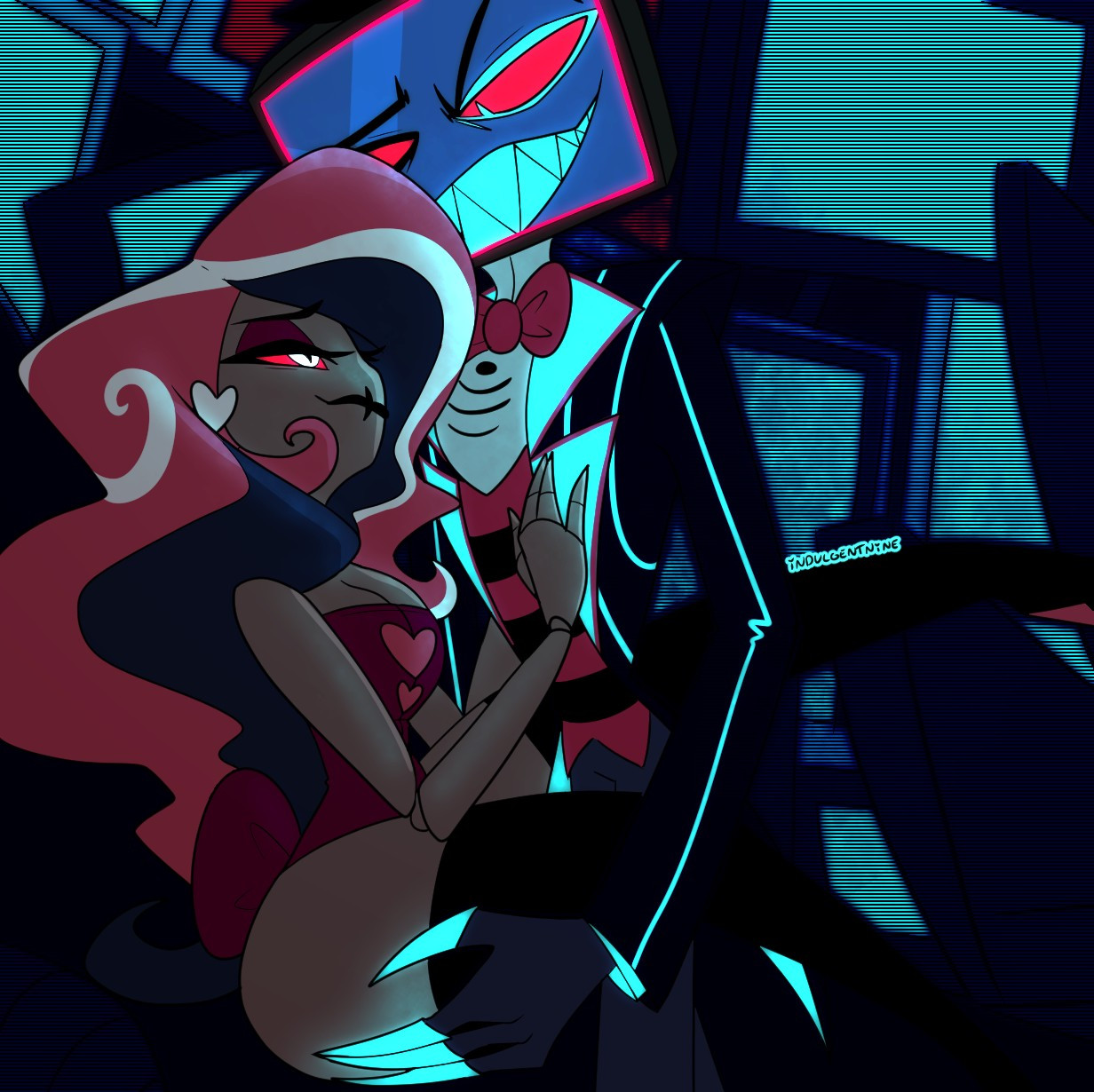 caring, female, gentleman, hazbin hotel, imminent sex, indulgentnine (artist), male, male/female, romantic, velvette, vivienne medrano, vivziepop, vox (hazbin hotel)