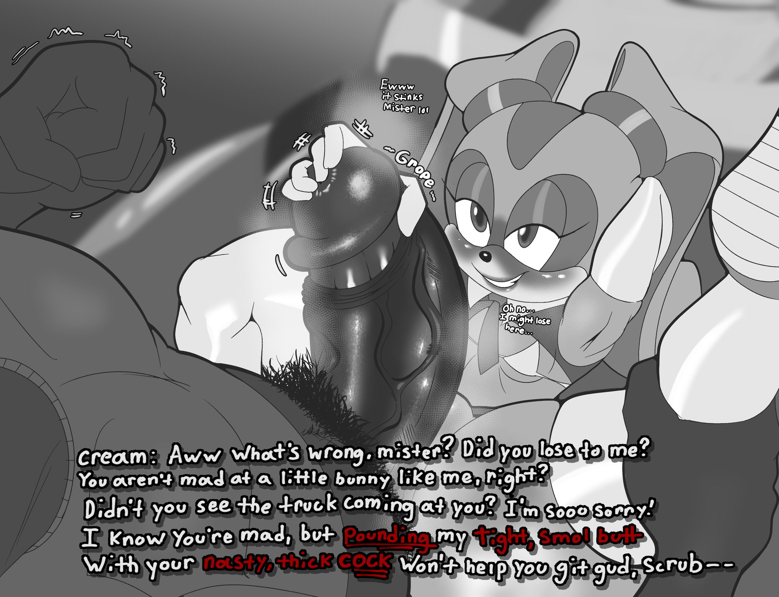 1boy, 1girls, adult on young, age difference, animal ears, anthro, anthro female, big penis, bikini, bikini top, bottomless, breasts, brown eyes, brown nose, bunny, bunny girl, clothed, clothing, cream the rabbit, creepy, cub, dark body, dark skin, dark-skinned male, dialogue, dirty talk, disgusted, duo, english, english text, erection, exclamation point, eyelashes, female, female cub, female on human, fist, fur, furry, furry female, genitals, gloves, grabbing, grabbing penis, greyscale, groping, half-closed eyes, hand on penis, handwear, hi res, huge cock, human, human male, human on anthro, imminent rape, instant loss, interspecies, lagomorph, large penis, larger human, larger male, leg grab, legwear, leporid, long ears, looking at penis, male, male human, male human/female anthro, male human/female cub, male on anthro, male/female, mammal, mind break, mobian (species), monochrome, narrowed eyes, necktie, older human, older male, older male and younger female, penis, penis grab, pubes, question mark, rabbit, rabbit girl, sega, shirt, size difference, small breasts, smaller anthro, smaller female, smile, sonic (series), sonic team, sonic the hedgehog (series), spot color, swimwear, takumi-exe, tan fur, teasing, text, thigh highs, topwear, two-piece swimsuit, video games, young, young anthro, young female, younger anthro, younger female