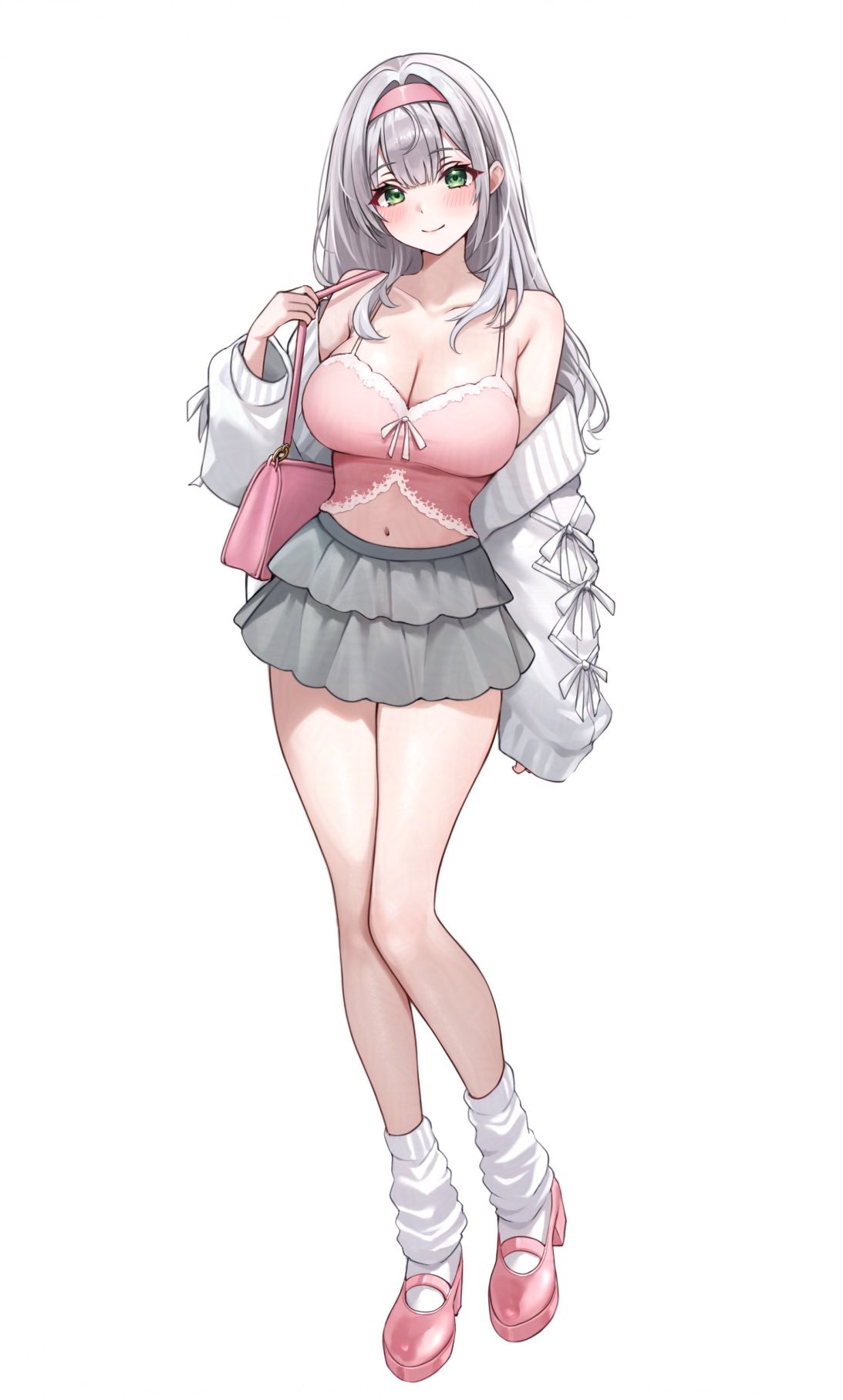 alternate costume, alternate hair length, alternate hairstyle, bag, bare shoulders, blush, breasts, camisole, cleavage, closed mouth, collarbone, commentary request, female, full body, green eyes, grey hair, grey skirt, hair intakes, hairband, highres, holika baby, hololive, hololive fantasy, hololive japan, jacket, large breasts, layered skirt, long hair, looking at viewer, mary janes, miniskirt, navel, off shoulder, open clothes, open jacket, pink bag, pink camisole, pink hairband, pink shoes, shirogane noel, shoes, shoulder bag, simple background, skirt, smile, socks, solo, standing, virtual youtuber, white background, white jacket, white socks