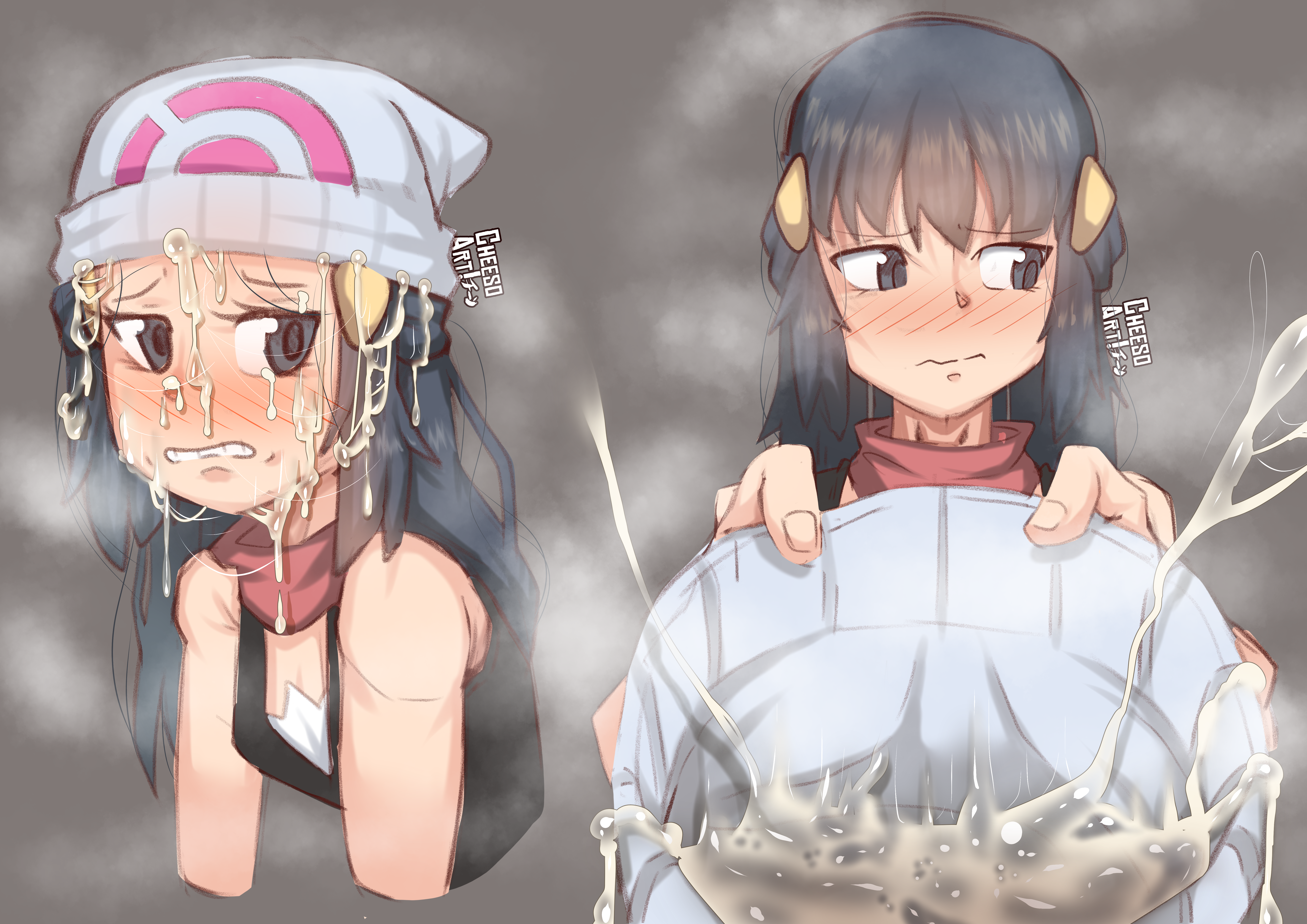 1girls, absurd res, armpits, blue eyes, blue hair, blue-haired female, blush, breasts, cheesoart, clothed, clothed female, colored, cum, cum in hat, cum on clothes, cum on face, cum on hair, cum on hat, cum wearing, cum wearing (hat), dawn (pokemon dp), dawn (pokemon), facial, female, female focus, fully clothed, grey background, high resolution, human, long hair, nintendo, offscreen character, pokemon, pokemon dppt, reluctant, semen, simple background, small breasts, solo, solo female, solo focus, uncomfortable, video games, young