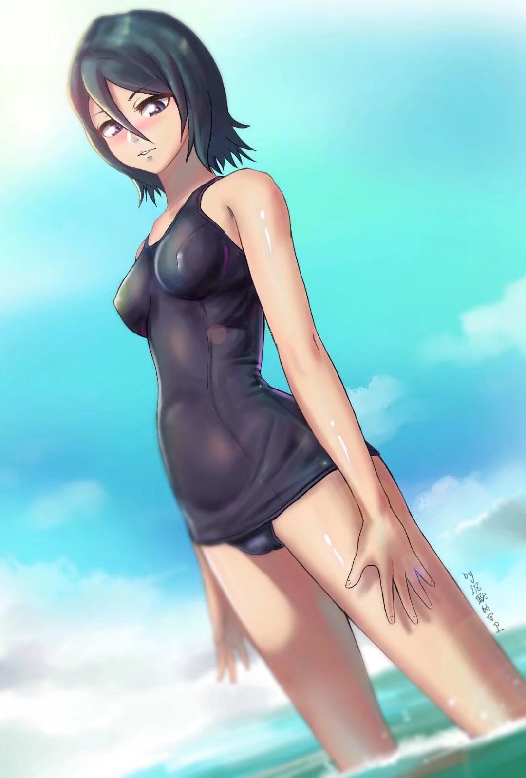 1girls, bare shoulders, black hair, bleach, blue sky, breasts, curvy, erect nipples, female, female only, kuchiki rukia, long hair, nipples, ocean, one-piece swimsuit, parted lips, partially submerged, purple eyes, school swimsuit, standing, swimsuit, water, wet, wet body, wide hips