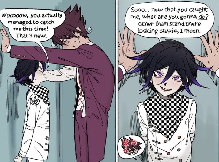 bossu, clothed, comic, danganronpa, danganronpa v3, dialogue, drfav, duo, male, male only, miri (bossu osu), momota kaito, ouma kokichi