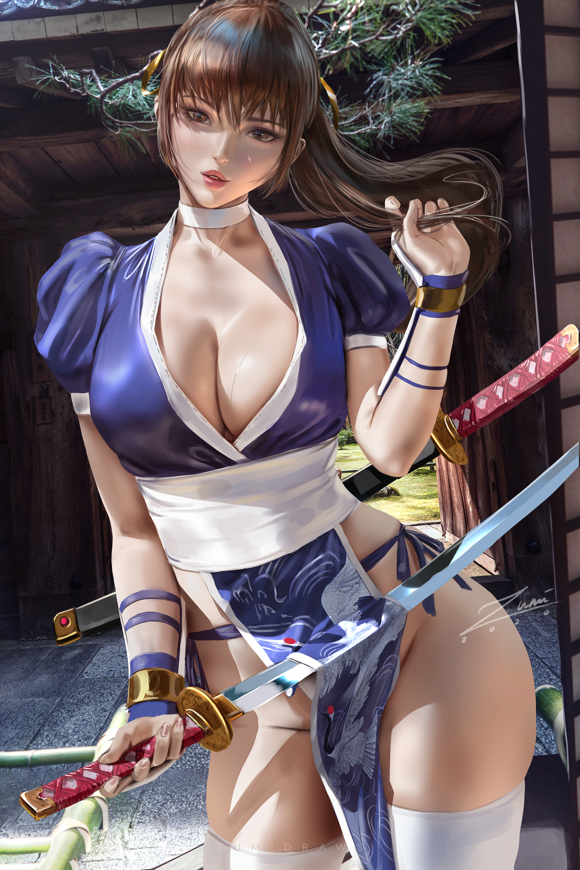 1girls, big breasts, breasts, brown eyes, brown hair, choker, cleavage, dead or alive, female, female only, fit, fit female, kasumi (doa), large breasts, long hair, looking at viewer, pinup, ponytail, solo, sword, thick thighs, voluptuous, wide hips, zumi