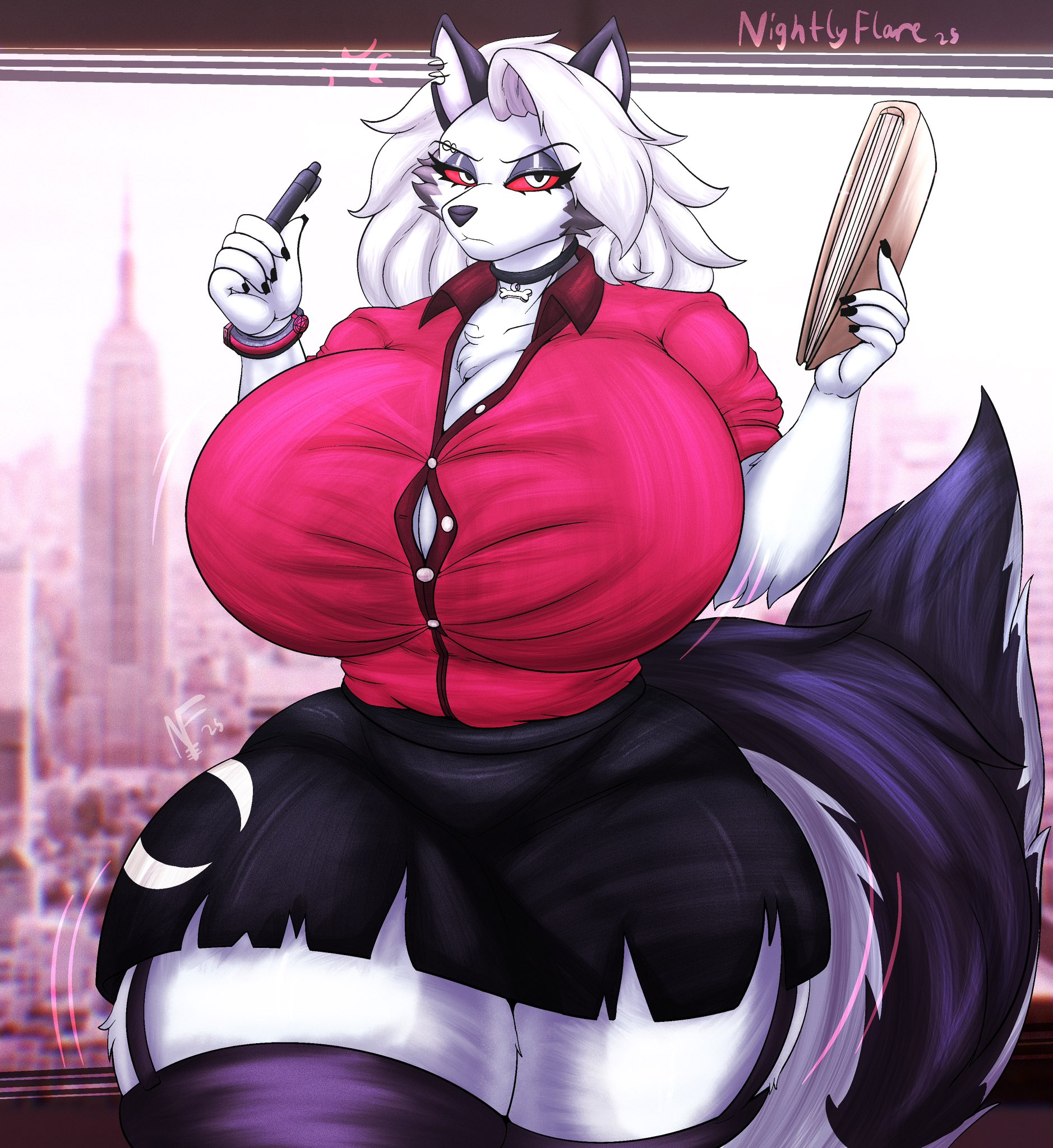 1girls, anthro, big breasts, breasts, canid, canine, female, furry, hellhound, helluva boss, loona (helluva boss), nightlyflare, secretary, secretary outfit, vivienne medrano, vivziepop