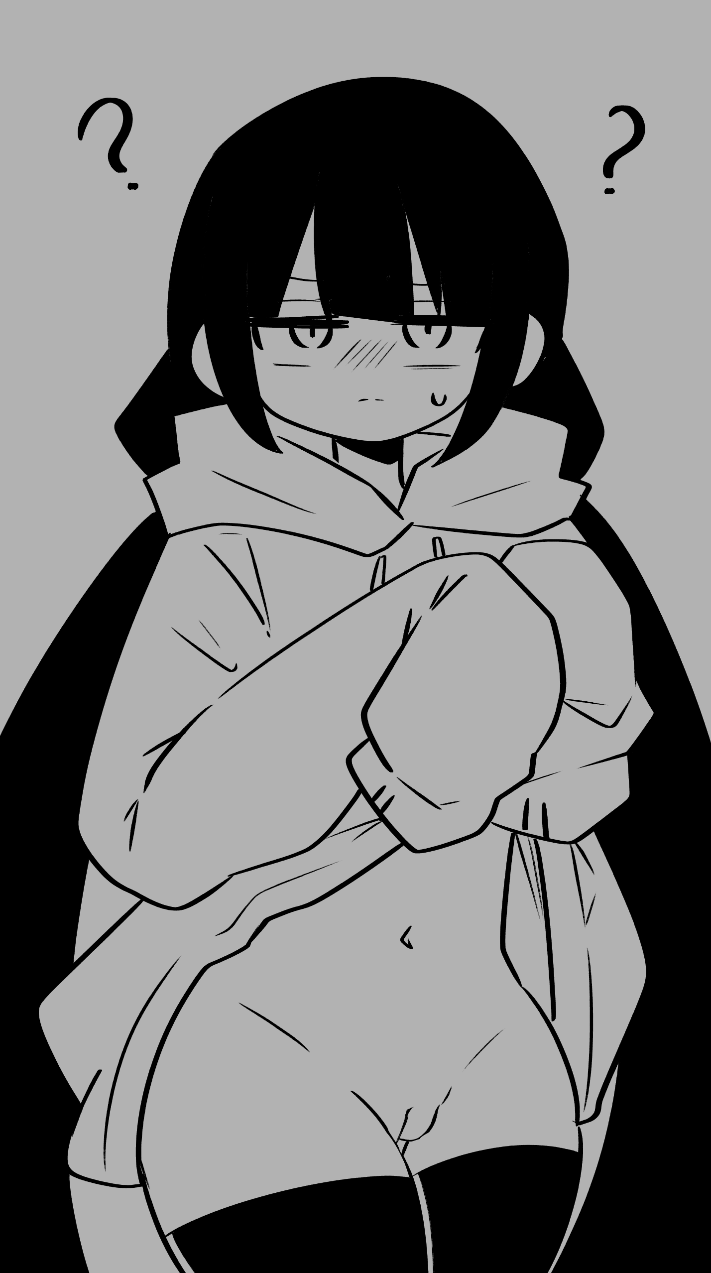 ?, 1girls, blush, closed mouth, female, female only, greyscale, hidden curves, hood down, hoodie, hoodie lift, horosoda, inabakumori, jitome, long hair, low twintails, monochrome, mv character, navel, osage-chan, pussy, sidelocks, skindentation, solo, solo female, sweat, sweatdrop, thighhighs, twintails, vagina