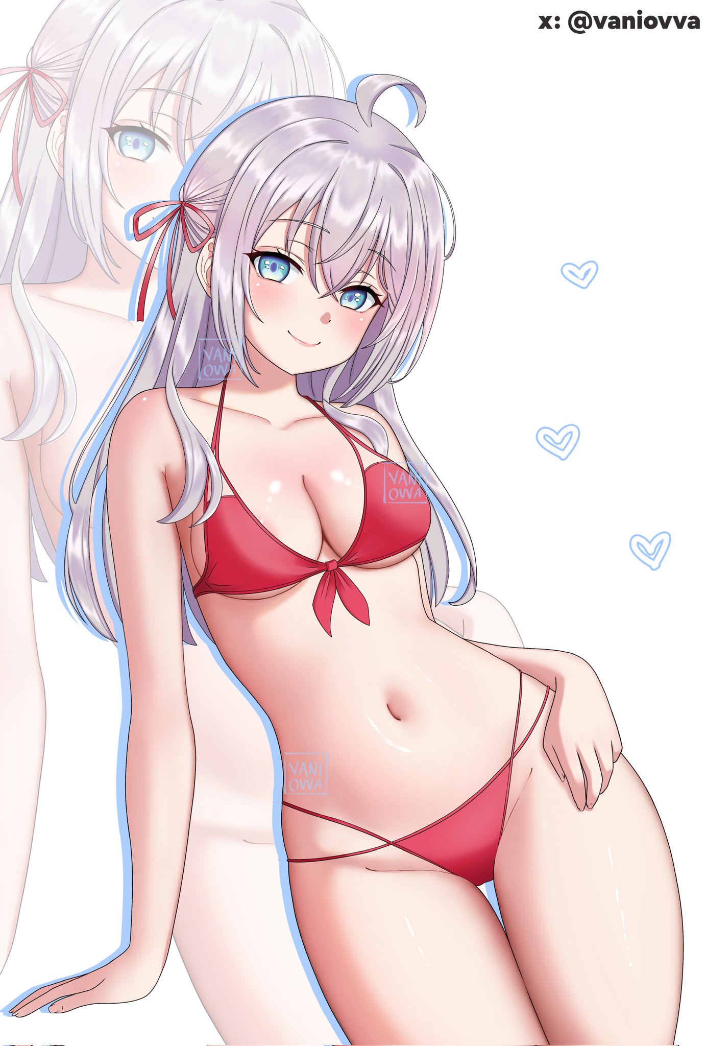 alisa mikhailovna kujou, big breasts, big thighs, big titties, bikini, blue eyes, breasts, female, female focus, female only, long hair, looking at viewer, rubber, tokidoki bosotto russian de dereru tonari no alya-san, vaniovva, white hair