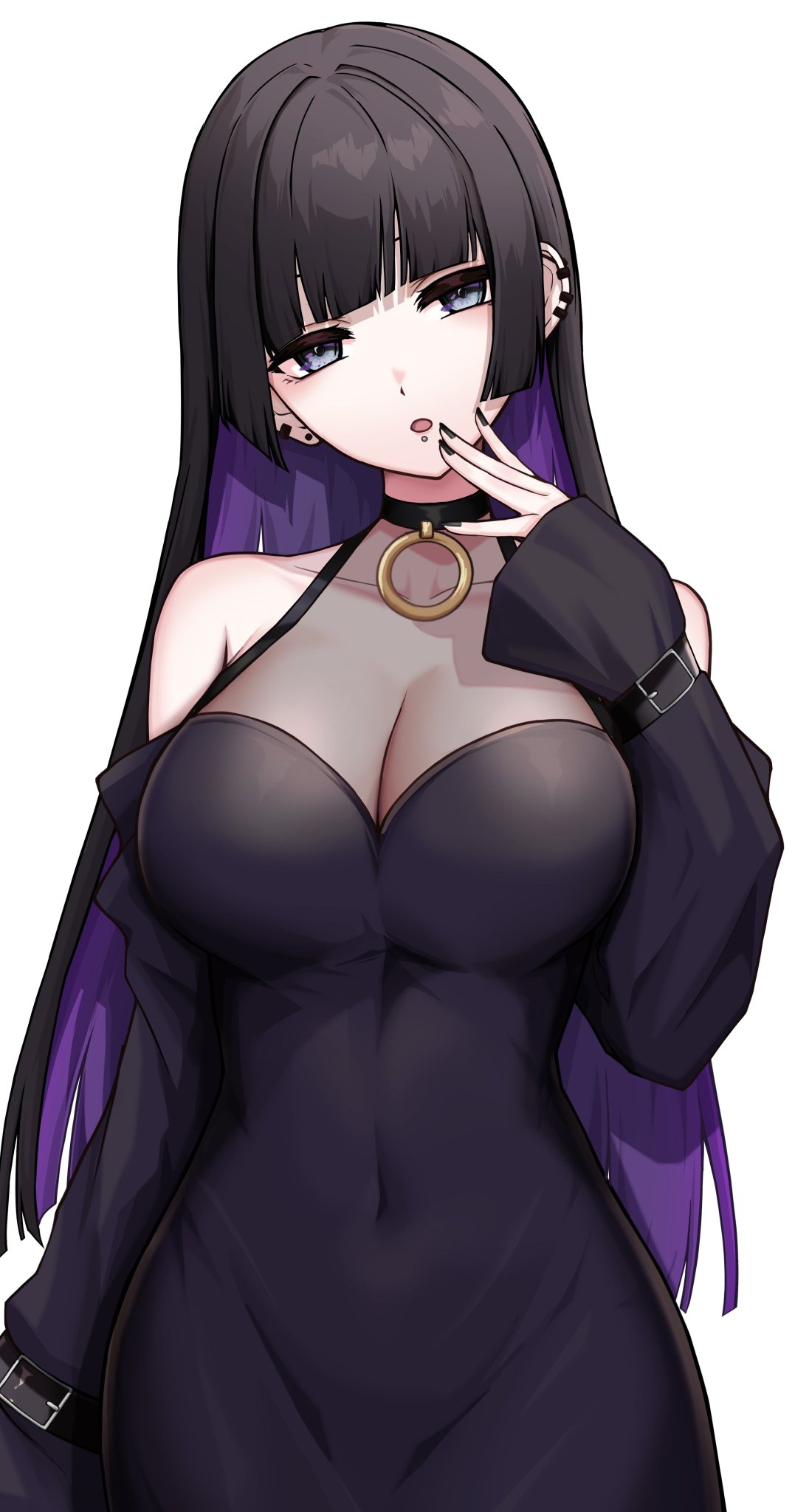 1girls black_dress black_hair black_nails bocchi_the_rock! breasts cleavage colored_inner_hair covered_navel dress ear_piercing earrings female grey_eyes highres jewelry kushinaka labret_piercing large_breasts long_hair looking_at_viewer multicolored_hair pa-san piercing purple_hair simple_background solo stud_earrings white_background