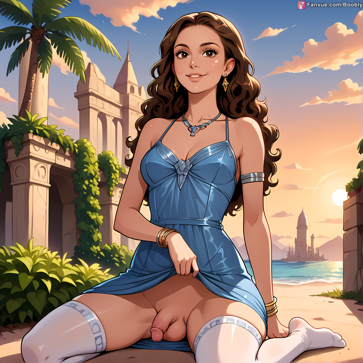 ai generated, beach, boobly, brown hair, dress, dress lift, flaccid, futanari, intersex, kneeling, long hair, natalie portman, padme amidala, penis, solo futa, star wars, upskirt, white shirt