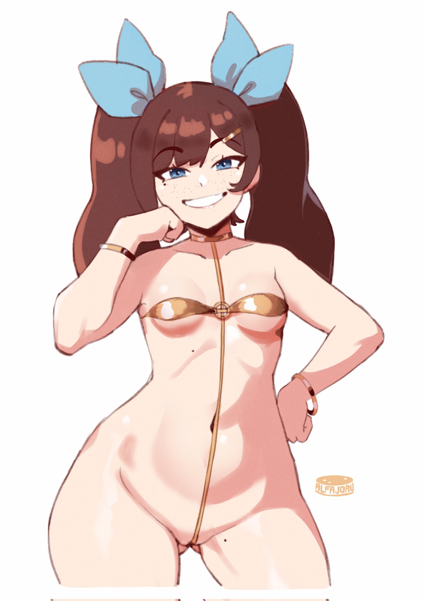  alfajoru, 1girls, alfajoru, bikini, breasts, brown hair, female, female focus, female only, gold bikini, golden bikini, golden week, light skin, light-skinned female, looking at viewer, micro bikini, original, rina (alfajoru), small breasts, string bikini, thick thighs, twintails
