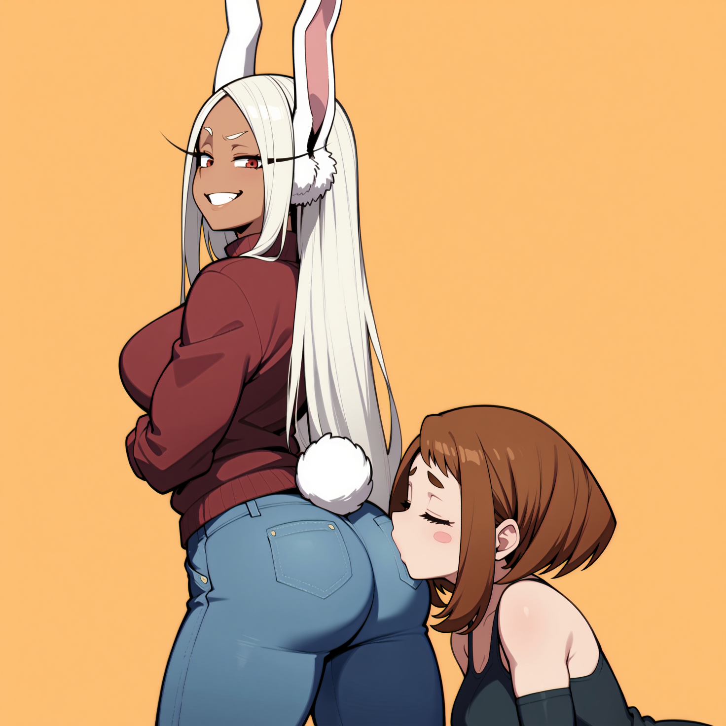 2girls, ai generated, ass, ass focus, ass kiss, big ass, blush stickers, brown hair, chocolate and vanilla, closed eyes, clothed, clothing, dark skin, dark-skinned female, female, female only, grin, jeans, kissing ass, light skin, light-skinned female, long hair, looking at viewer, looking back, miruko, my hero academia, ochako uraraka, older female, older female and younger female, rabbit ears, rabbit girl, rabbit tail, red eyes, rumi usagiyama, smug, smug grin, smug smile, white hair, younger female, yuri