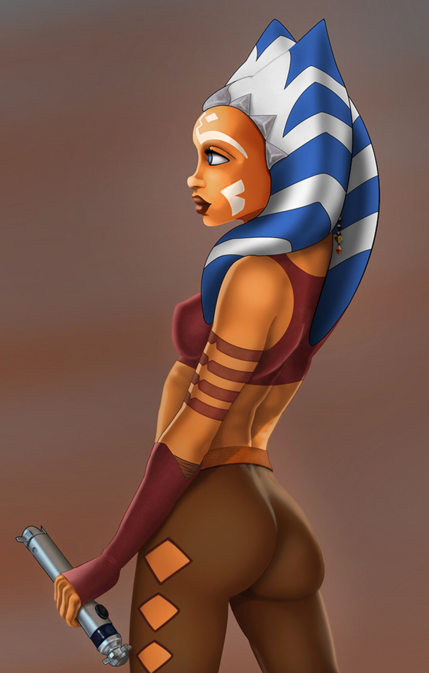 1girls, ahsoka tano, ass, blue eyes, breasts, clone wars, clothed, clothing, cute, dansartrealm, female, female focus, female only, looking away, medium ass, nipples, revealing clothes, simple background, skinny, small breasts, solo, standing, star wars, the clone wars: season four, tight pants