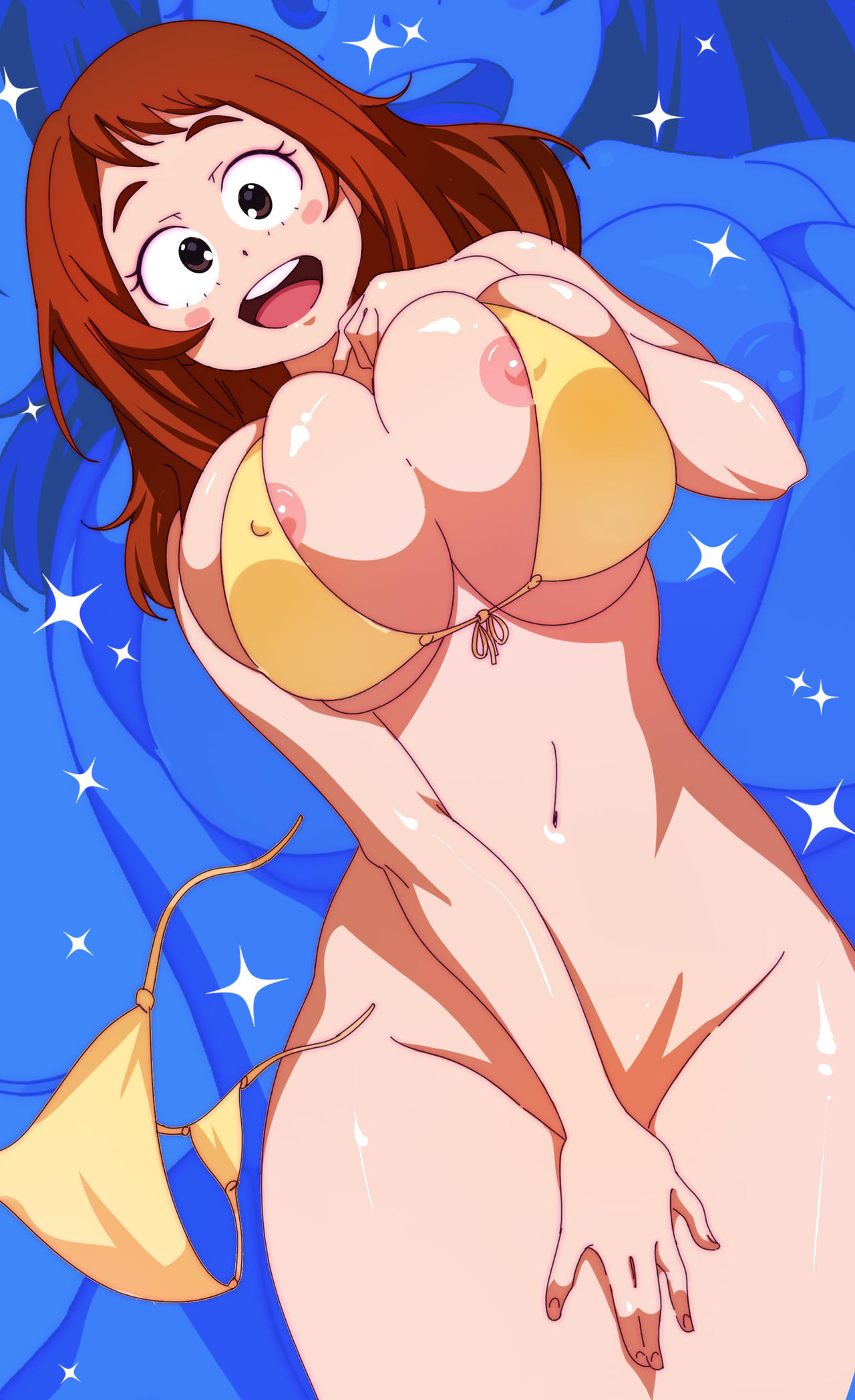 1girls, 38jxl, boku no hero academia, breasts, breasts bigger than head, brown eyes, brown hair, brown-haired female, covering crotch, female, my hero academia, nipple slip, nipples, no panties, ochako uraraka, panties