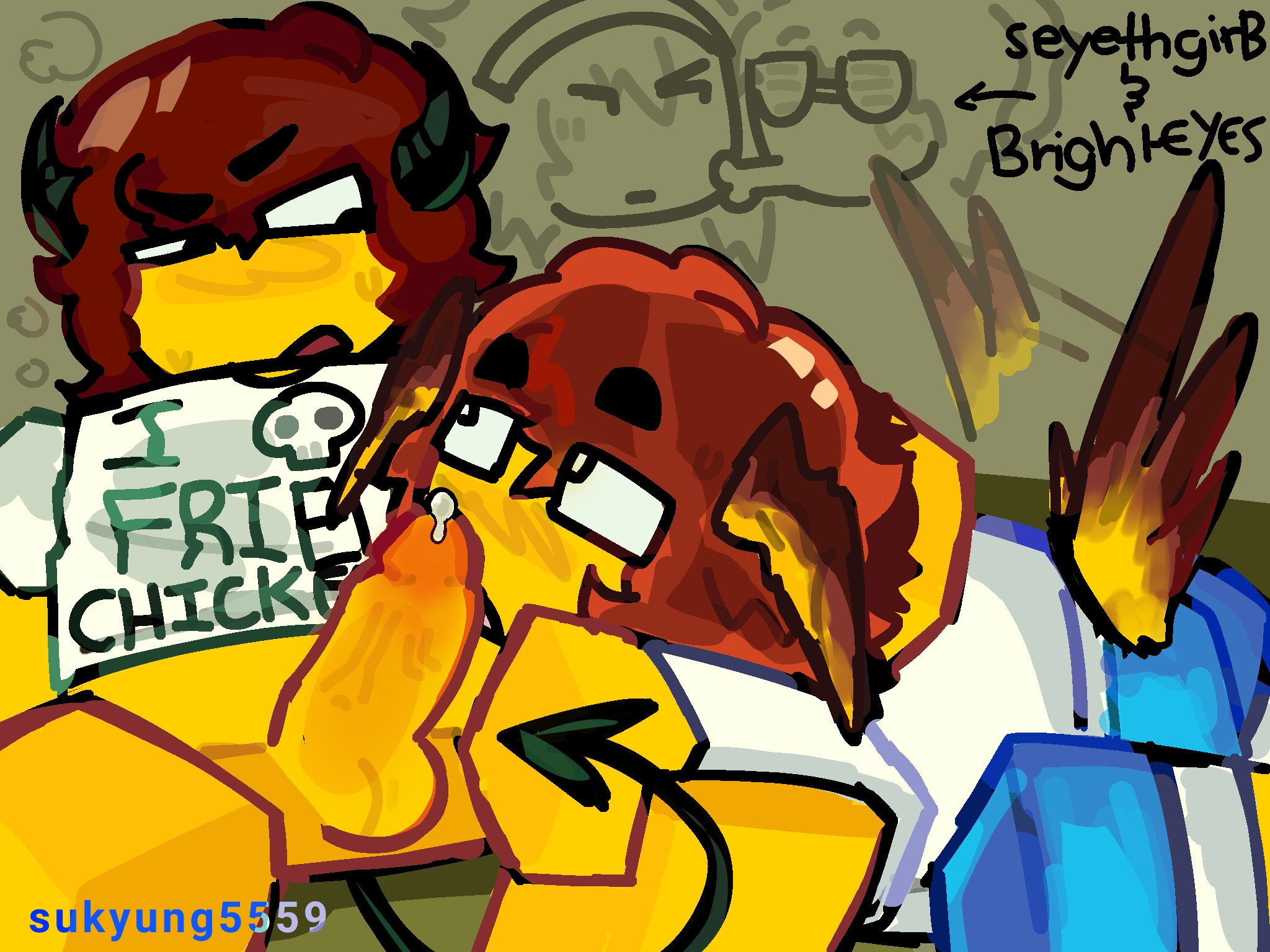 2boys, artist name, bird tail, blocky body, bottomless male, brown hair, demon horns, demon tail, forsaken (roblox), fully clothed male, gay, licking penis, male, male only, male/male, penis, precum bubble, roblox, roblox game, robloxian, self upload, selfcest, shedletsky, shedletsky (forsaken), square crossover, sukyung5559, text, watermark, wings on head, yellow skin, yksteldehs (forsaken)
