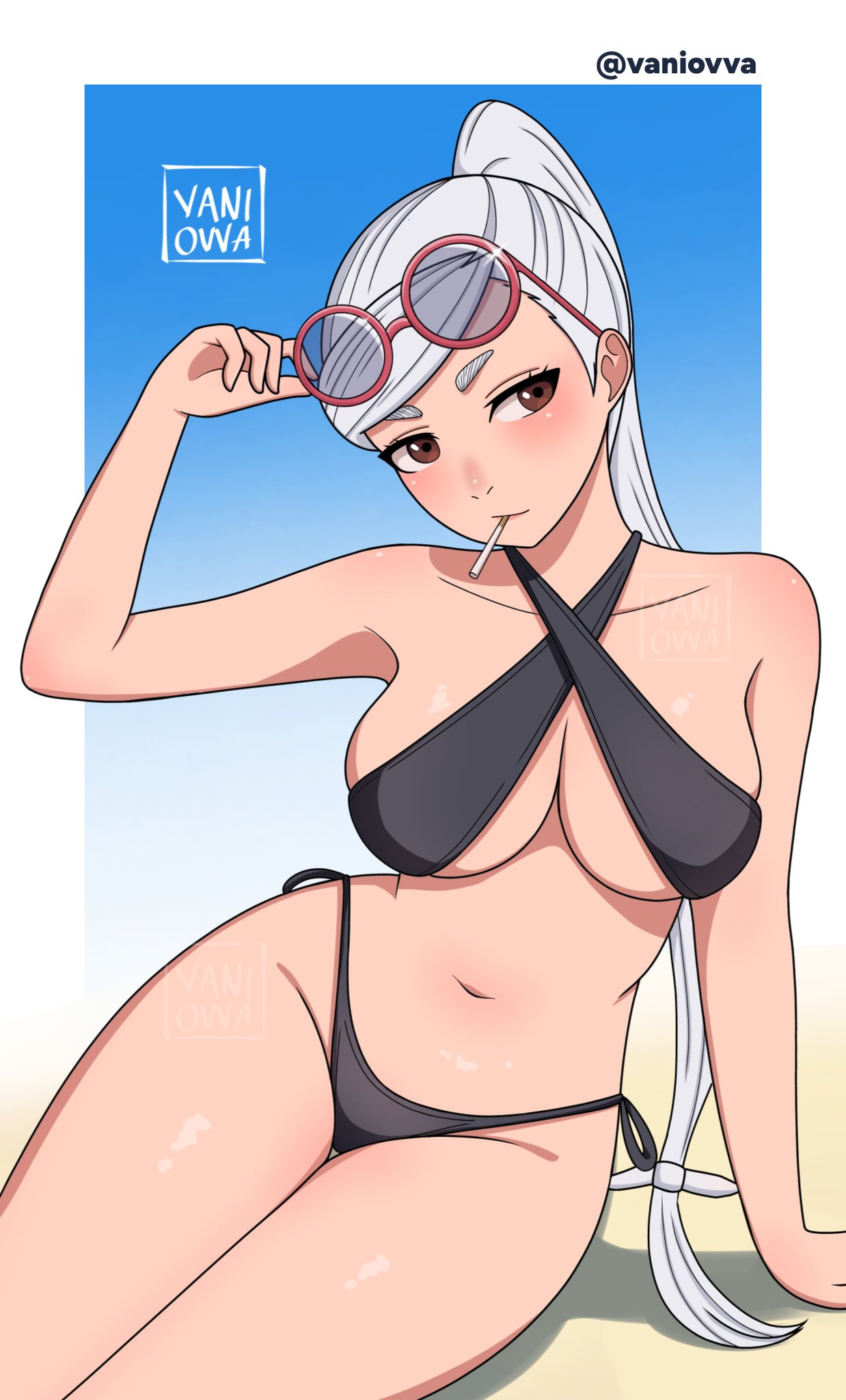 1girls, ayase seiko, big breasts, big thighs, big titties, bikini, breasts, brown eyes, clothing, curvaceous, dandadan, female, female focus, female only, gilf, glasses, long hair, looking at viewer, rubber, thigh highs, vaniovva, white hair