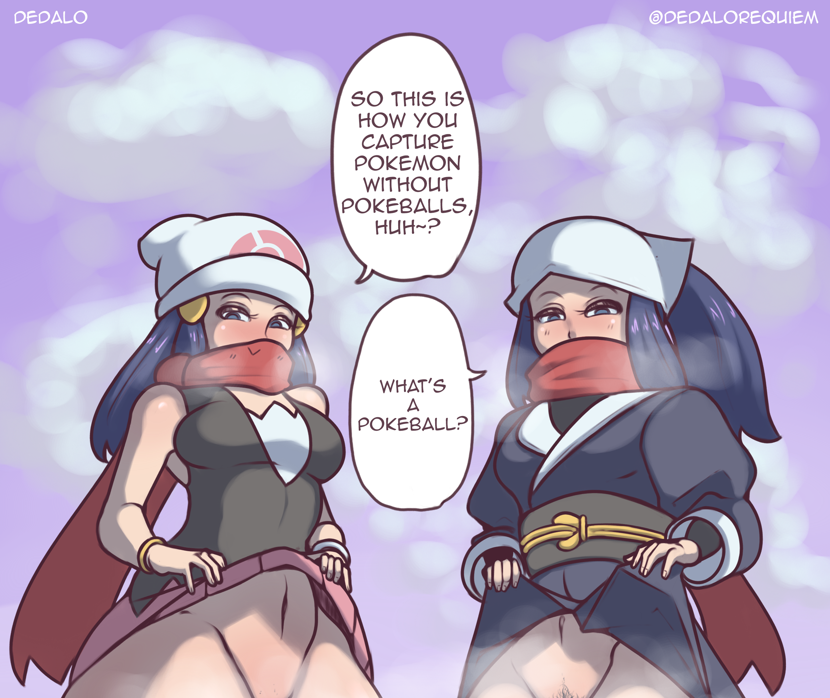 2girls, akari (pokemon), ancestor and descendant, blush, bottomless, clothed, clothing, dawn (pokemon), dedalo, dialogue, english text, female, female protagonist, game freak, nintendo, no panties, pokemon, pokemon legends: arceus, speech bubble, text
