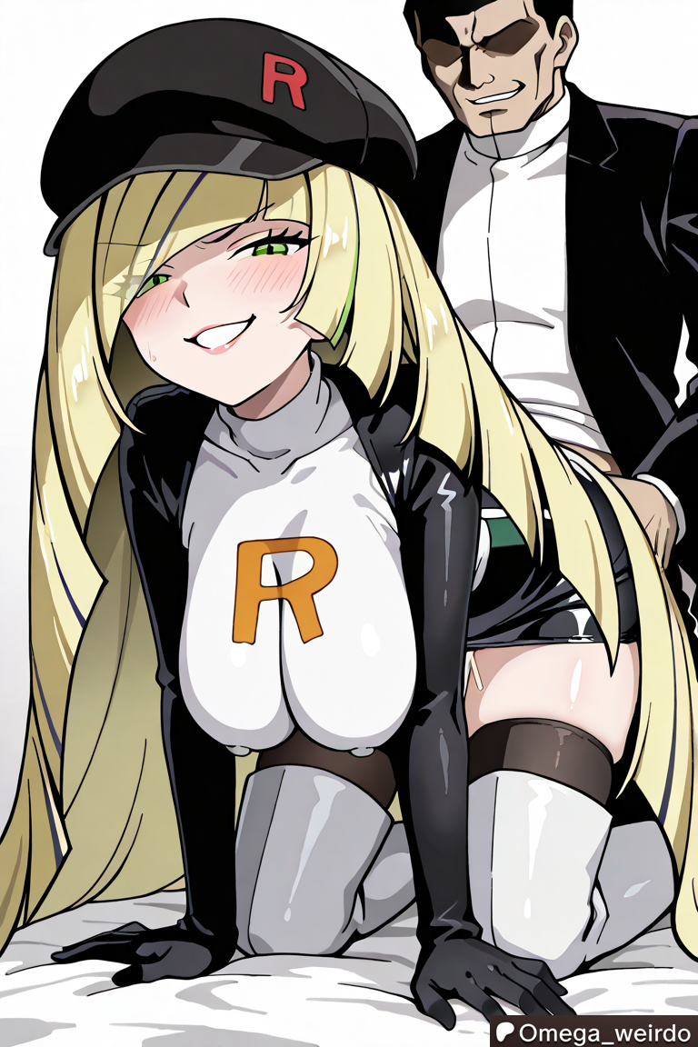 1boy 1girl1boy 1girls ai_generated bed big_breasts blonde_female blonde_hair blush bodysuit cap corruption doggy_style enslaved evil evil_grin evil_smile faceless_male female giovanni_(pokemon) gloves green_eyes half-closed_eyes hat long_hair lusamine_(pokemon) male omega_weirdo patreon pink_lips pokemon sex sleeves submissive_female taken_from_behind team_rocket team_rocket_uniform thighhighs