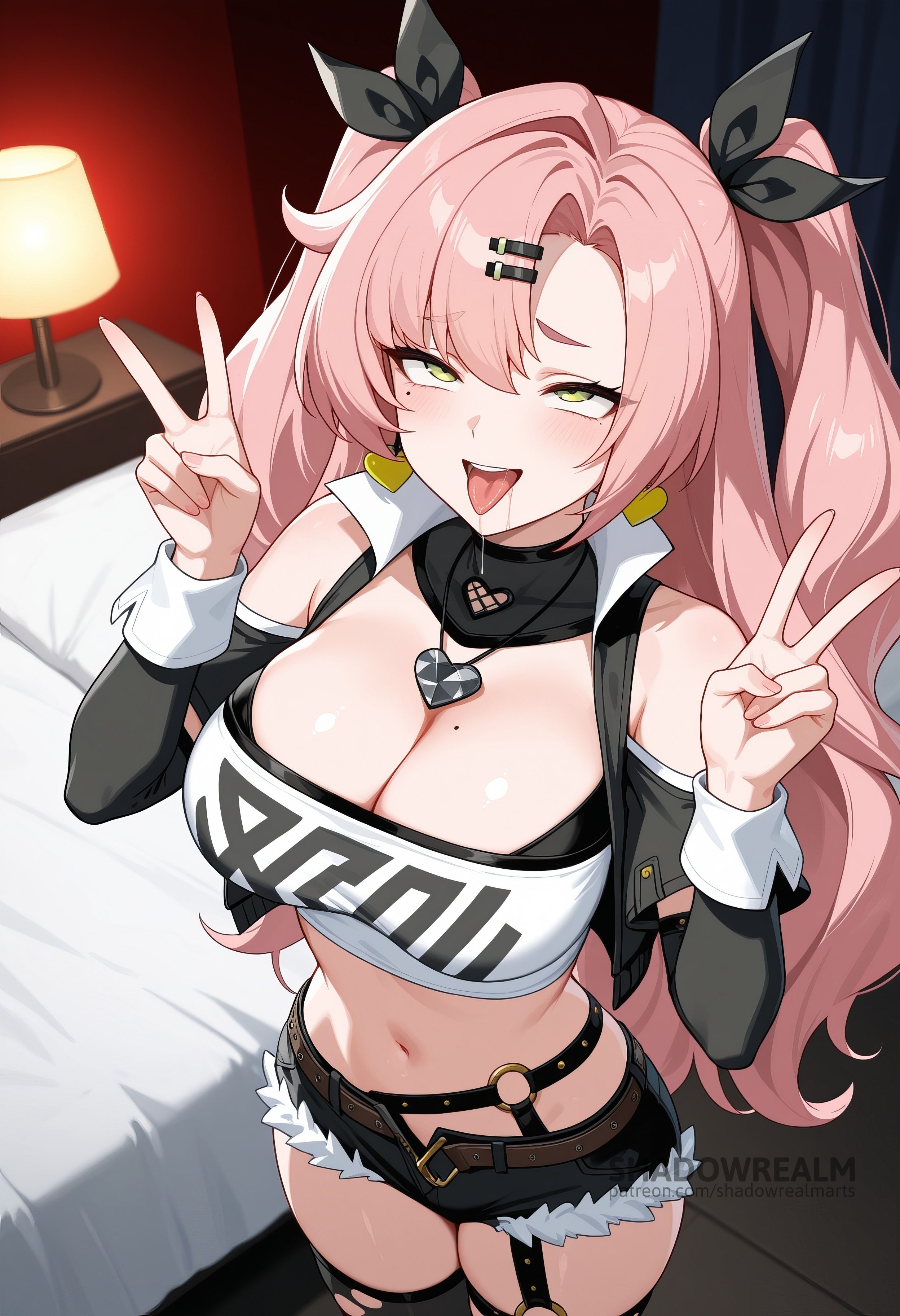 :d, ahe gao, ai generated, bare shoulders, black ribbon, black shorts, black thighhighs, blush, breasts, cleavage, clothing cutout, cowboy shot, crop top, cutoffs, double v, earrings, female, green eyes, hair ornament, hair ribbon, hairclip, hands up, heart, heart earrings, jewelry, large breasts, long hair, long sleeves, looking at viewer, micro shorts, midriff, mole, mole on breast, mole under eye, navel, nicole demara, open mouth, open mouth tongue out, open mouth tongue-out, pink hair, ribbon, shadowrealmarts, short shorts, shorts, shoulder cutout, smile, solo, standing, stomach, strapless, thighhighs, thighs, tongue, tongue out, tongue out open mouth, torn clothes, torn thighhighs, tube top, two side up, uncensored, v, very long hair, zenless zone zero