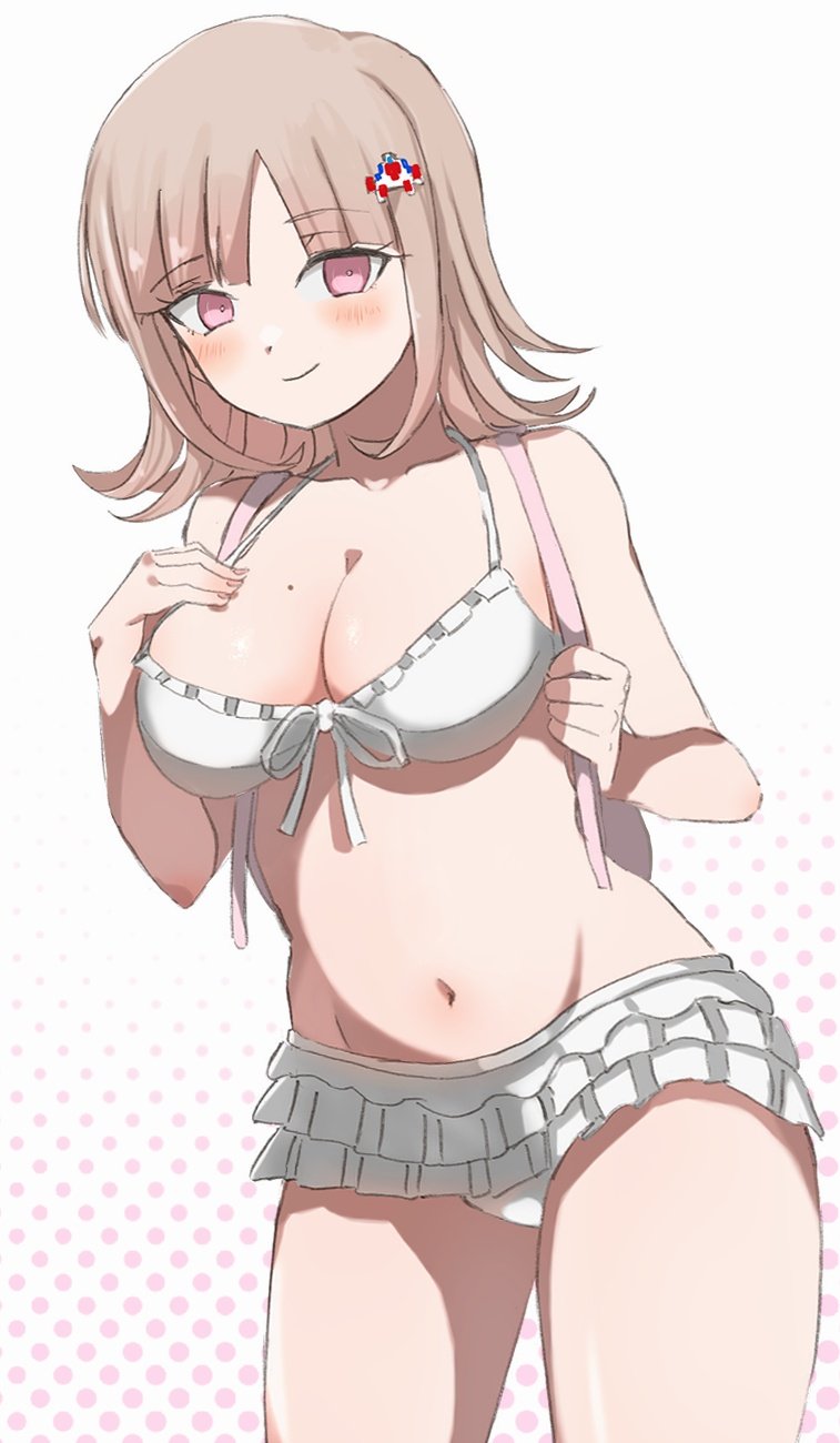 1girls, bare shoulders, bikini, bikini skirt, breasts, cleavage, dadadaeki00, danganronpa, danganronpa 2: goodbye despair, female, female only, flipped hair, frilled bikini, frills, highres, large breasts, looking at viewer, medium hair, mole, mole on breast, nanami chiaki, navel, smile, solo, swimsuit, white background, white bikini