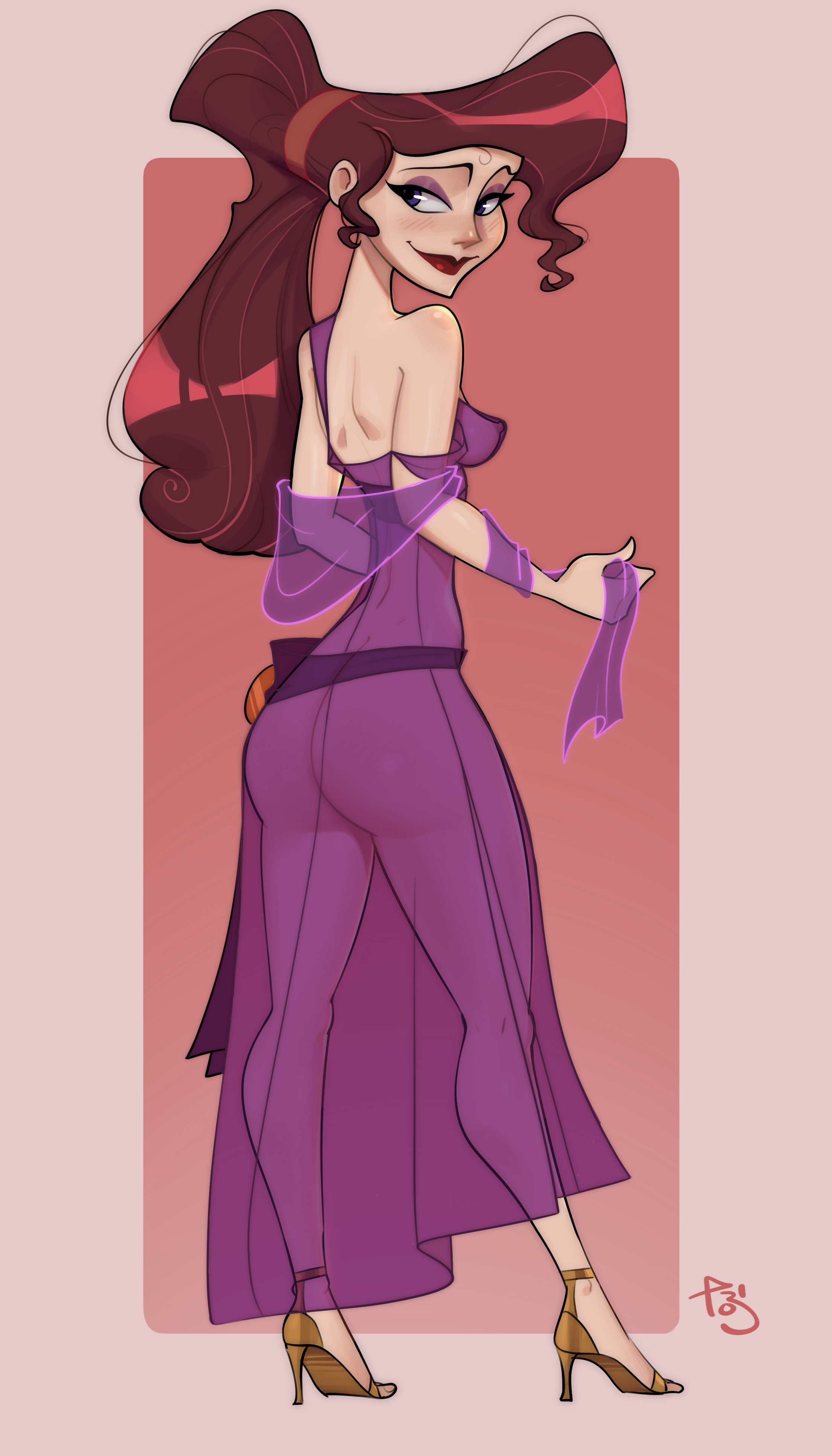 1girls, alternate version available, ass, breasts, brown hair, disney, female, female focus, female only, greek female, hercules (disney), light skin, light-skinned female, long hair, looking at viewer, looking back, megara, rear view, small breasts, tobiart