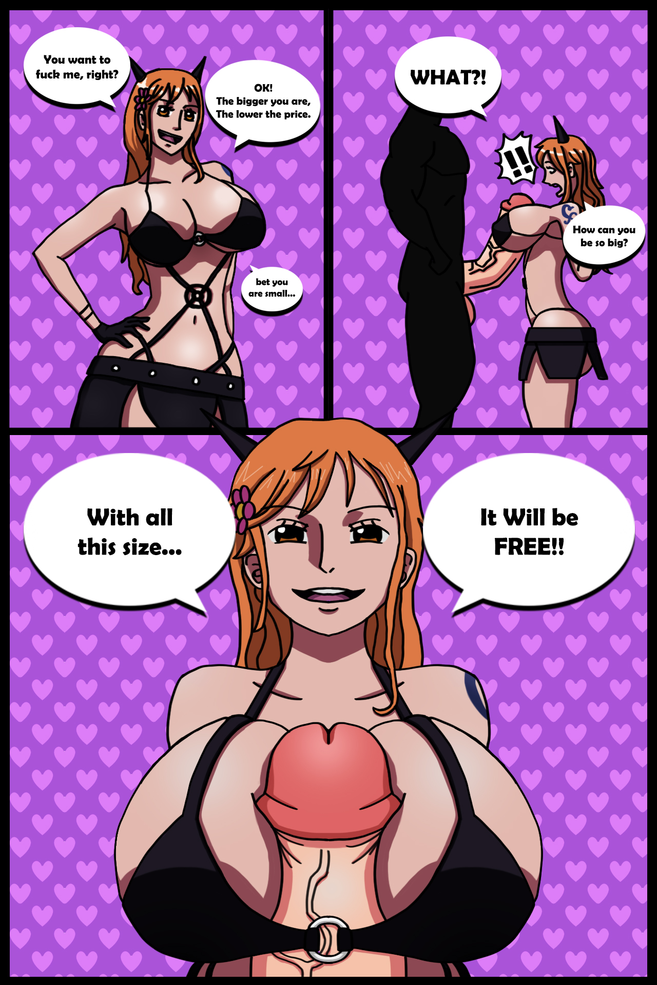 1boy, 1girls, ass, between breasts, big ass, big breasts, big penis, bikini, bra, breasts, comic, dialogue, faceless male, female, holymonster, huge breasts, male, nami (one piece), one piece, paizuri, penis, silhouette, skirt, surprised, thick thighs