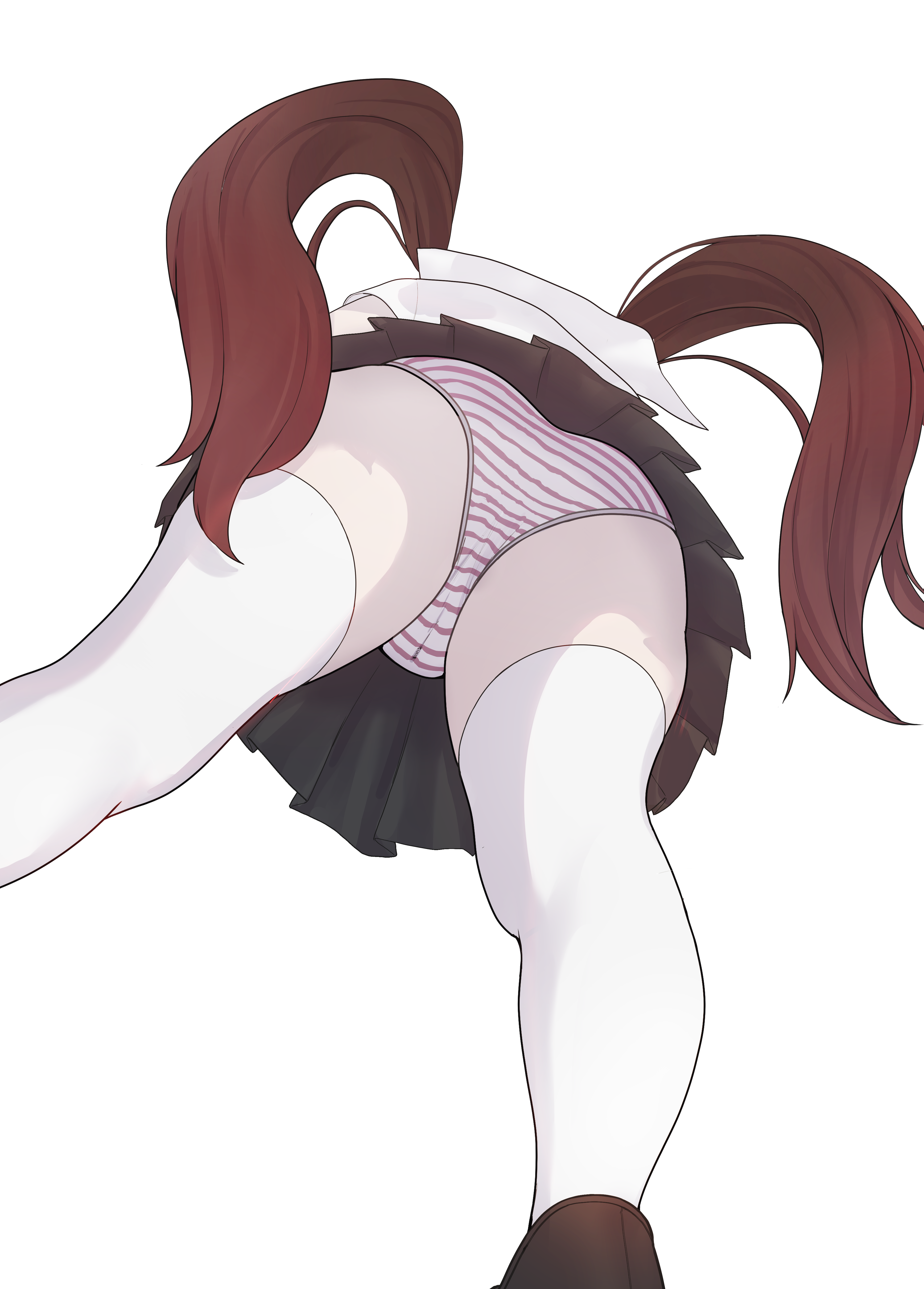 1girls, ass, black skirt, brown hair, female, from below, genshin impact, highres, hu tao (genshin impact), huge ass, legs, panties, pleated skirt, skirt, striped panties, thick thighs, thighhighs, twintails, underwear, upskirt