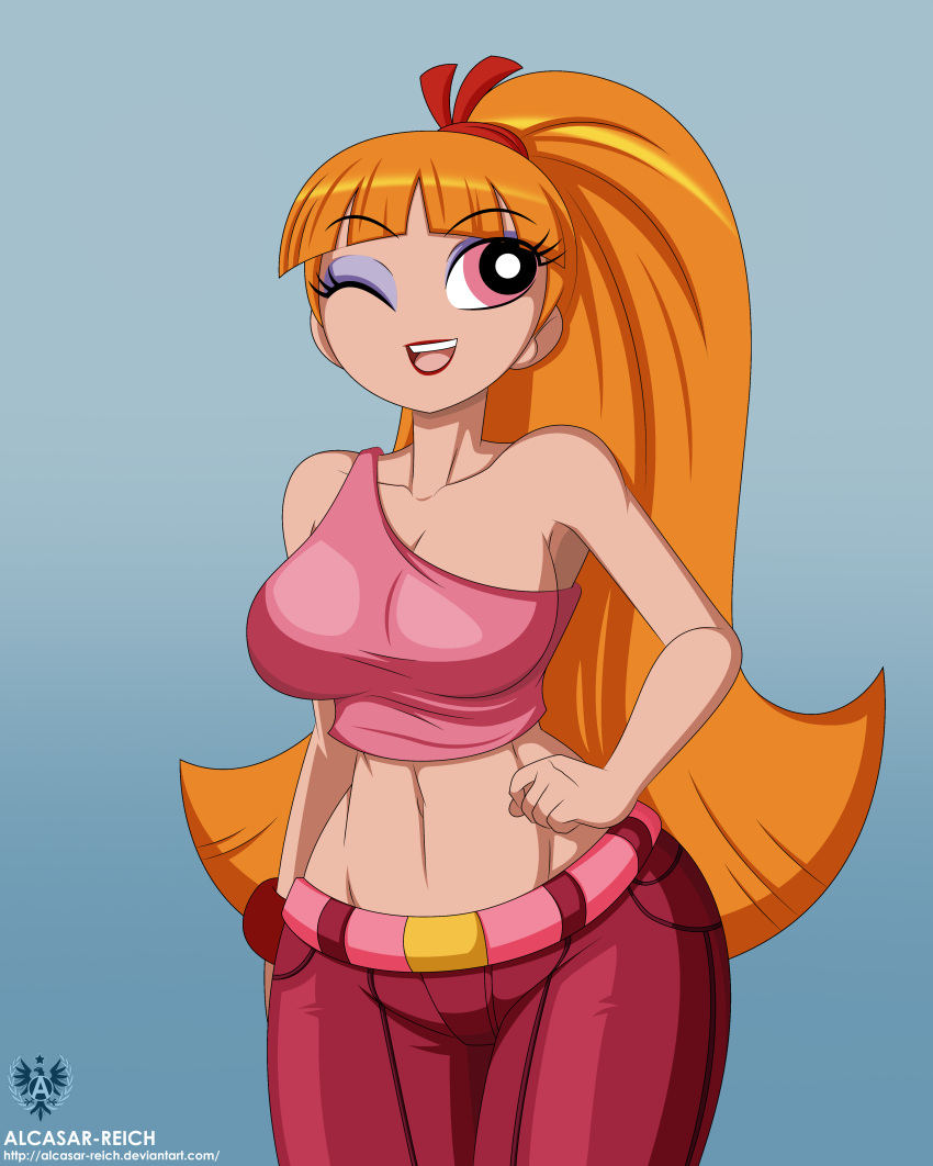 1girls aged_up alcasar-reich big_breasts blossom_(powerpuff_girls) breasts cartoon_network eyeshadow lipstick makeup orange_hair pink_eyes powerpuff_girls teenager toonami wink winking