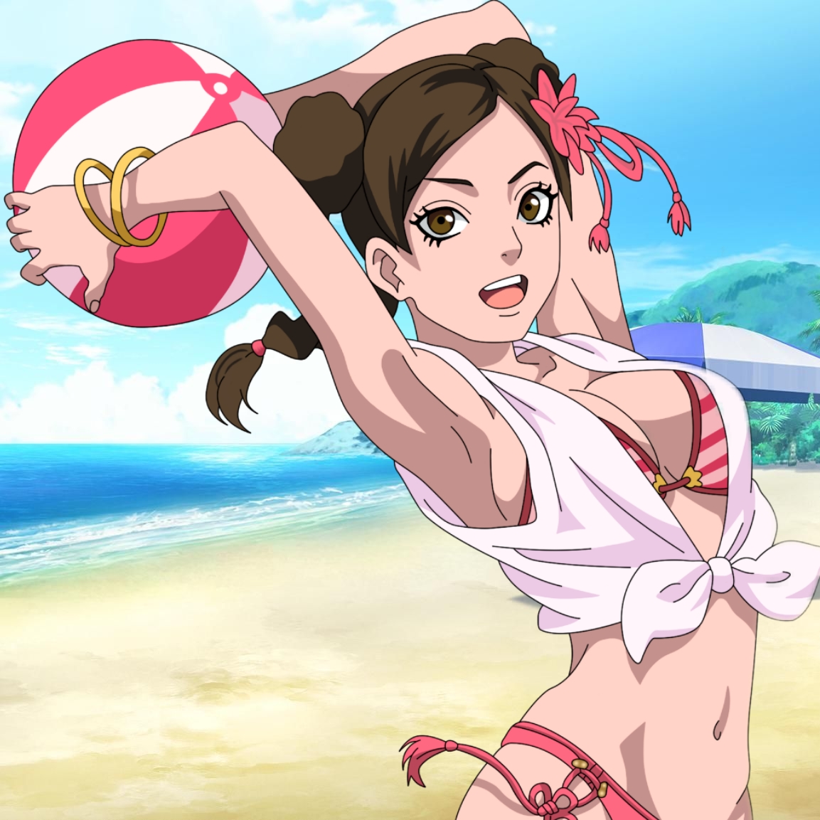 1girls, armpits, arms up, beach ball, bikini, bracelet, braid, braided ponytail, breasts, cleavage, double bun, feet, female, female only, flower, flower in hair, hair bun, hair ornament, happy, happy female, having fun, holding object, jumping, looking at viewer, naked footwear, naruto, naruto (series), naruto shippuden, naruto: the last, official art, open mouth, open smile, partially clothed, ponytail, sandals, shirt, sleeveless, sleeveless shirt, solo, solo focus, striped bikini, stripes, swimsuit, tenten, tied hair, tied shirt, water, waves