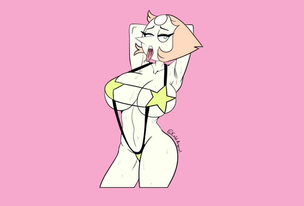 1girls, alien, armpits, arms behind head, arms up, artist name, big breasts, blue eyes, breasts, cartoon network, cleavage, clothing, coldarsenal, collarbone, commission, cosmiccolorstheuniverse, crystal thots, eyelashes, female, female focus, female only, forehead jewel, frostbiteboi, gem, gem (species), half-closed eyes, hips, humanoid, jewel, large breasts, long nose, looking at viewer, naughty face, navel line, one-piece swimsuit, open mouth, orange hair, pearl (steven universe), pink background, pinup, pointy ears, pointy nose, revealing clothes, saliva, seductive, short hair, sideboob, simple background, skimpy, skindentation, sling bikini, solo, solo female, steven universe, sweat, sweatdrop, swimsuit, teeth, thighs, tongue, tongue out, underboob, voluptuous, white skin