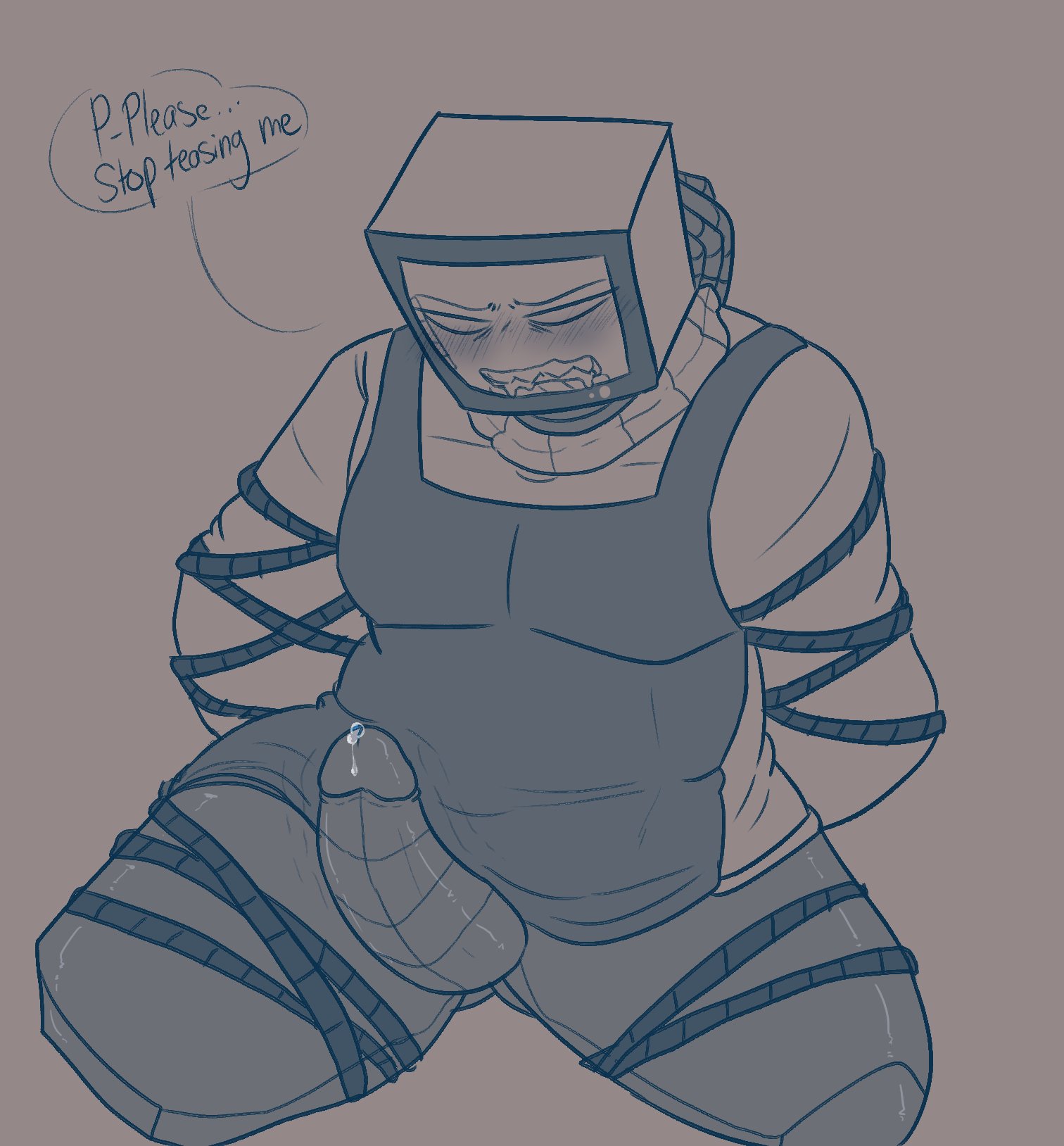 1boy, 1robot, android, android boy, apron, artificial intelligence, begging, big penis, blue line art, blue lineart, blue text, blush, blush lines, blushing male, bondage, computer, computer head, computer screen, digital, digital art, digital drawing, digital drawing (artwork), digital media, digital media (artwork), drooling, english text, erect penis, erection, ghostievault, humanoid robot, male, male focus, male only, male robot, metal body, metal penis, metal skin, metalic skin, metallic body, metallic penis, no pants, non-human, nonhuman, one color background, open mouth, p.ai.nter (pressure), pantless, penis, penis out, precum, precum drip, pressure (roblox), restrained, restrained arms, restrained legs, roblox, roblox game, robot, robot boy, robot focus, robot genitalia, robot humanoid, robot male, robot only, robot penis, rope, rope bondage, screen, screen face, simple background, solid color background, solo, solo male, solo robot, speech bubble, sweater, talking to viewer, text, trembling penis, wires