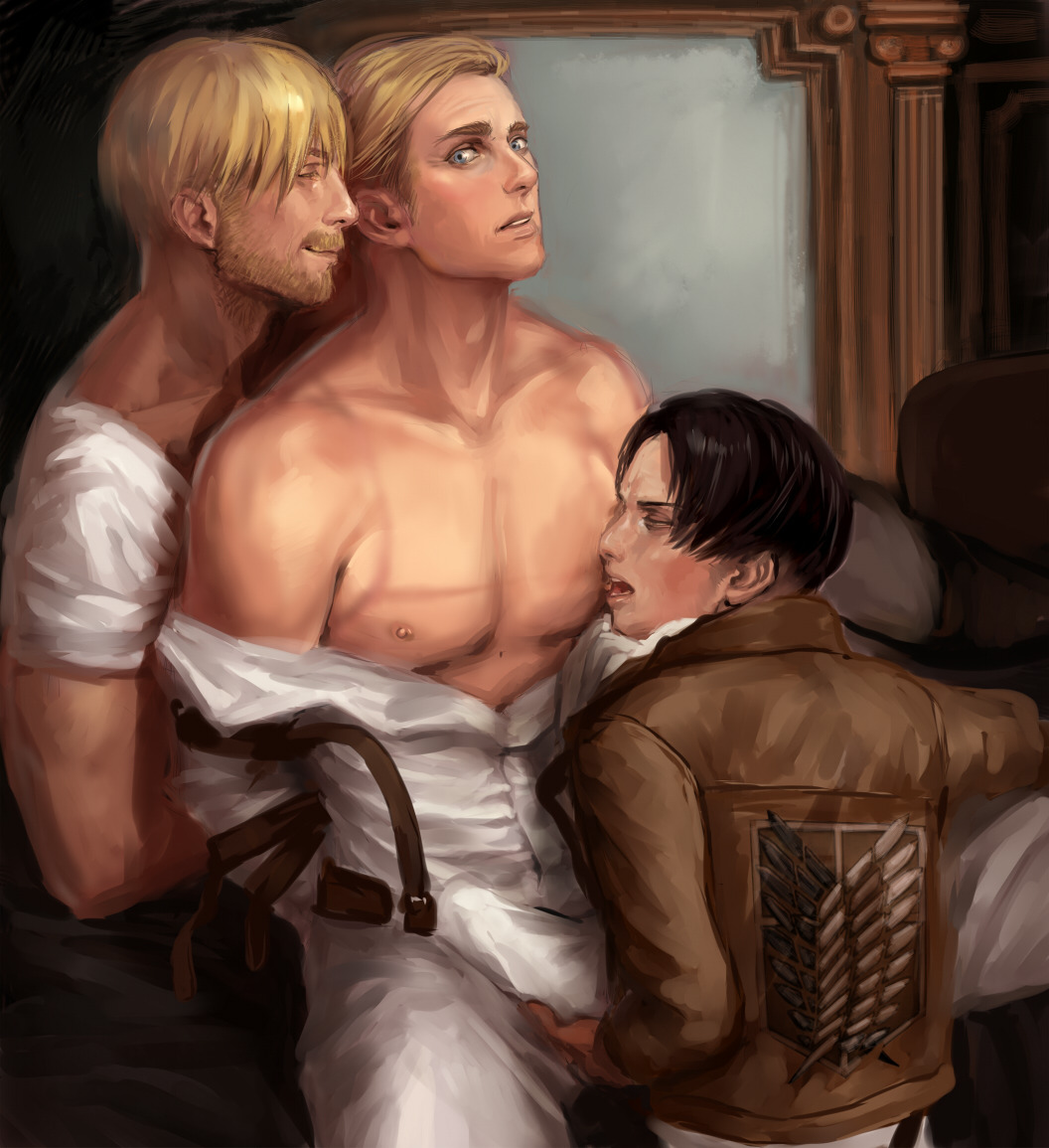 3boys aivelin attack_on_titan bare_shoulders beard black_hair blonde_hair blue_eyes bulge bulge_grab closed_eyes erect_nipples erection erection_under_clothes erection_under_clothing erwin_smith exposed_nipples eyes_closed facial_hair groping_balls human human_only levi_ackerman licking licking_nipples looking_at_another looking_pleasured male male_nipples male_only mike_zakarius nipple_licking nipples shingeki_no_kyojin shirt_pull spread_legs threesome yaoi