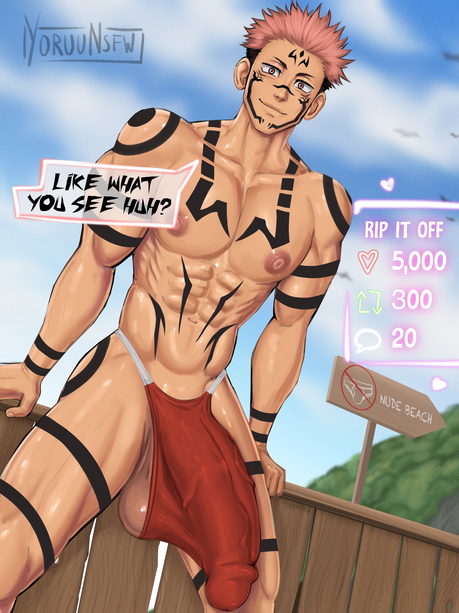 1boy, balls, beach, big balls, big glans, big penis, body markings, briefs, briefs only, clothing too small, comments, demon, dirty, dominant, dominant male, english text, itadori yuuji, jujutsu kaisen, likes, looking at viewer, lying, male, muscles, nude beach, penis, pink eyes, pink hair, ready to burst, retweet challenge, ryoumen sukuna (jujutsu kaisen), shiny skin, sign, sky, smile, smiling, smiling at viewer, solo male, swimsuit, too big, too big for clothing, too big to fit, too small clothes, twitter, twitter strip game (meme), underwear, underwear only, veiny penis, visible balls, visible penis shape, watermark, yoruunsfw