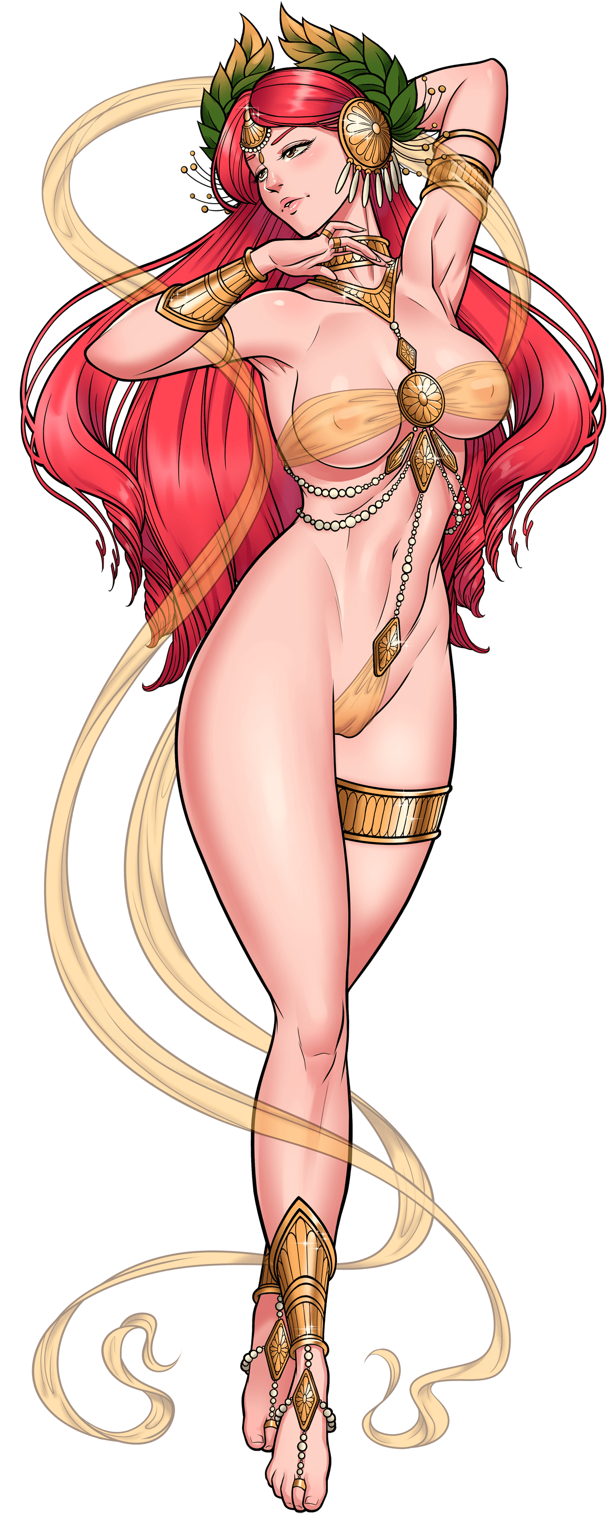 1girls, anklet, aphrodite, aphrodite (hades), arm behind head, armlet, armor, armpits, barefoot, barefoot sandals jewelry, bracelet, breasts, cleavage, covered nipples, female, full body, game, goddess, green eyes, hair ornament, harem heroes, hentai heroes, jewelry, kinkoid, large breasts, laurel crown, light skin, light-skinned female, lingerie, long hair, looking at viewer, naked, navel, nutaku, official art, parody, presenting, red hair, revealing clothes, ring, see-through, simple background, solo, toe ring, toes, venus, venus (hentai heroes), white background