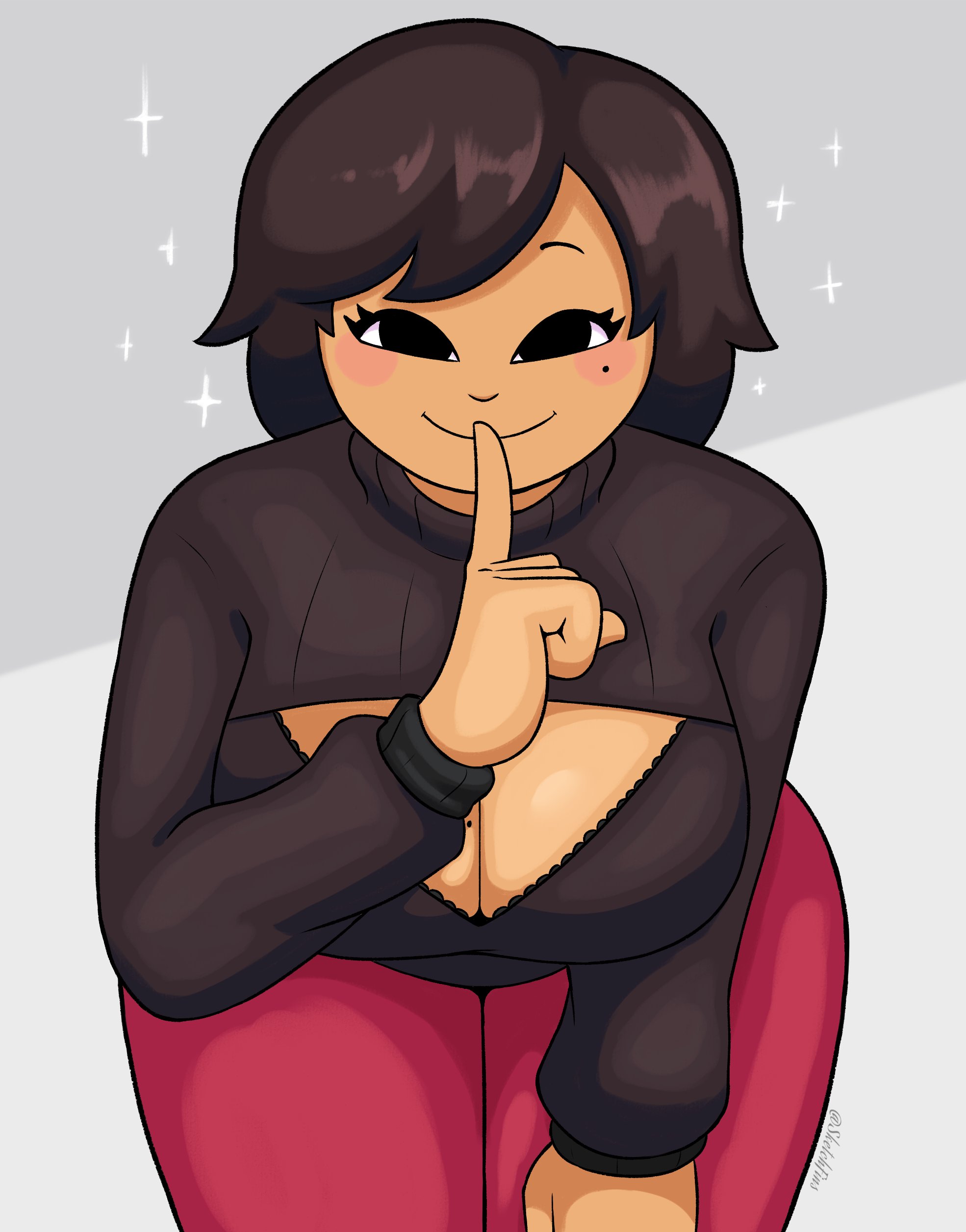 1girls, ava (gazoogaloo), black bra, black eyes, black hair, black sweater, black turtleneck, black turtleneck sweater, bra, bra peek, breasts, burgundy pants, cleavage, cleavage cutout, female, large breasts, long sleeves, looking at viewer, mii, mole, mole on breast, mole under eye, nintendo, oc, pants, short hair, sketchfins, smile, smiling at viewer, solo, solo female, solo focus, sweater, turtleneck, turtleneck sweater