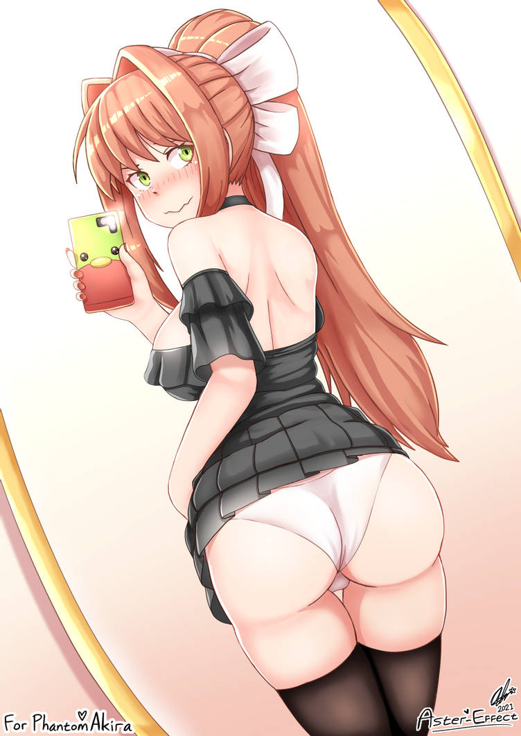 1girls artist_name ass aster-effect big_ass big_breasts big_butt black_dress blush blushing breasts brown_hair bubble_ass bubble_butt clothed clothed_female colored doki_doki_literature_club dress dress_lift embarrassed female_only fully_clothed green_eyes lifting_dress looking_back mirror mirror_selfie monika_(doki_doki_literature_club) panties phone ponytail presenting presenting_hindquarters ribbon selfie sideboob signature simple_background solo solo_female thick_thighs thighhighs thighs underwear upskirt watermark white_panties white_ribbon