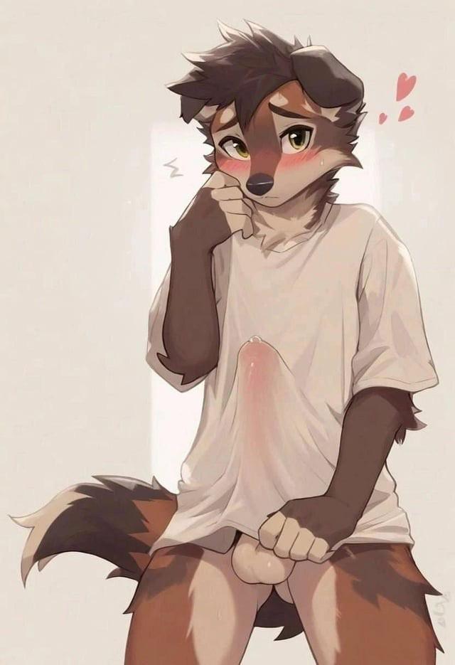 ai, ai assisted, ai generated, anthro, balls, big penis, blush, brown fur, brown hair, canid, canine, canis, domestic dog, erection, erection under clothes, femboy, furry, green eyes, hidden, male, penis, precum, shy, solo male, white background, white shirt, young